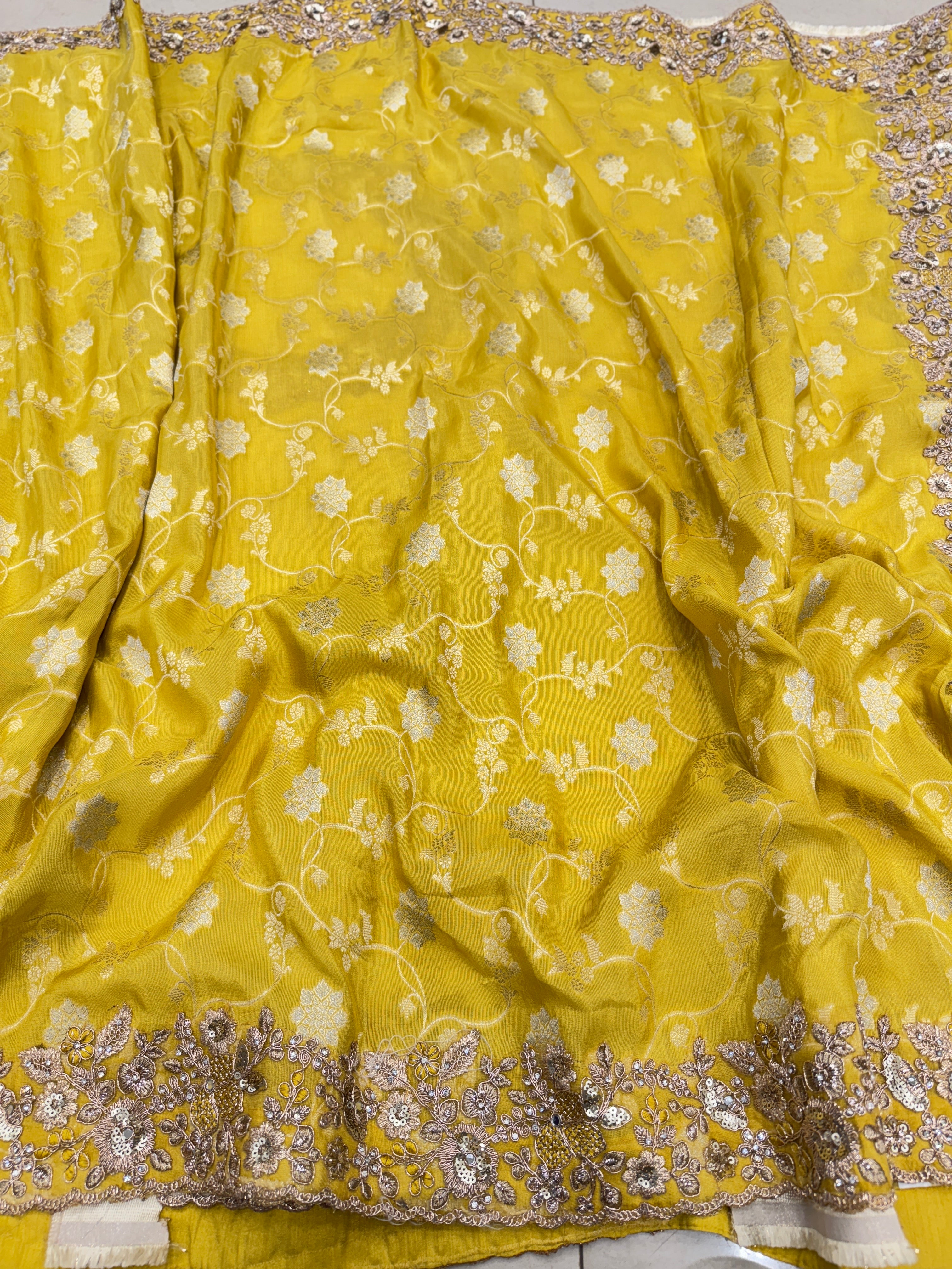 Yellow Tissue Embroidery Jaal Weaving Saree