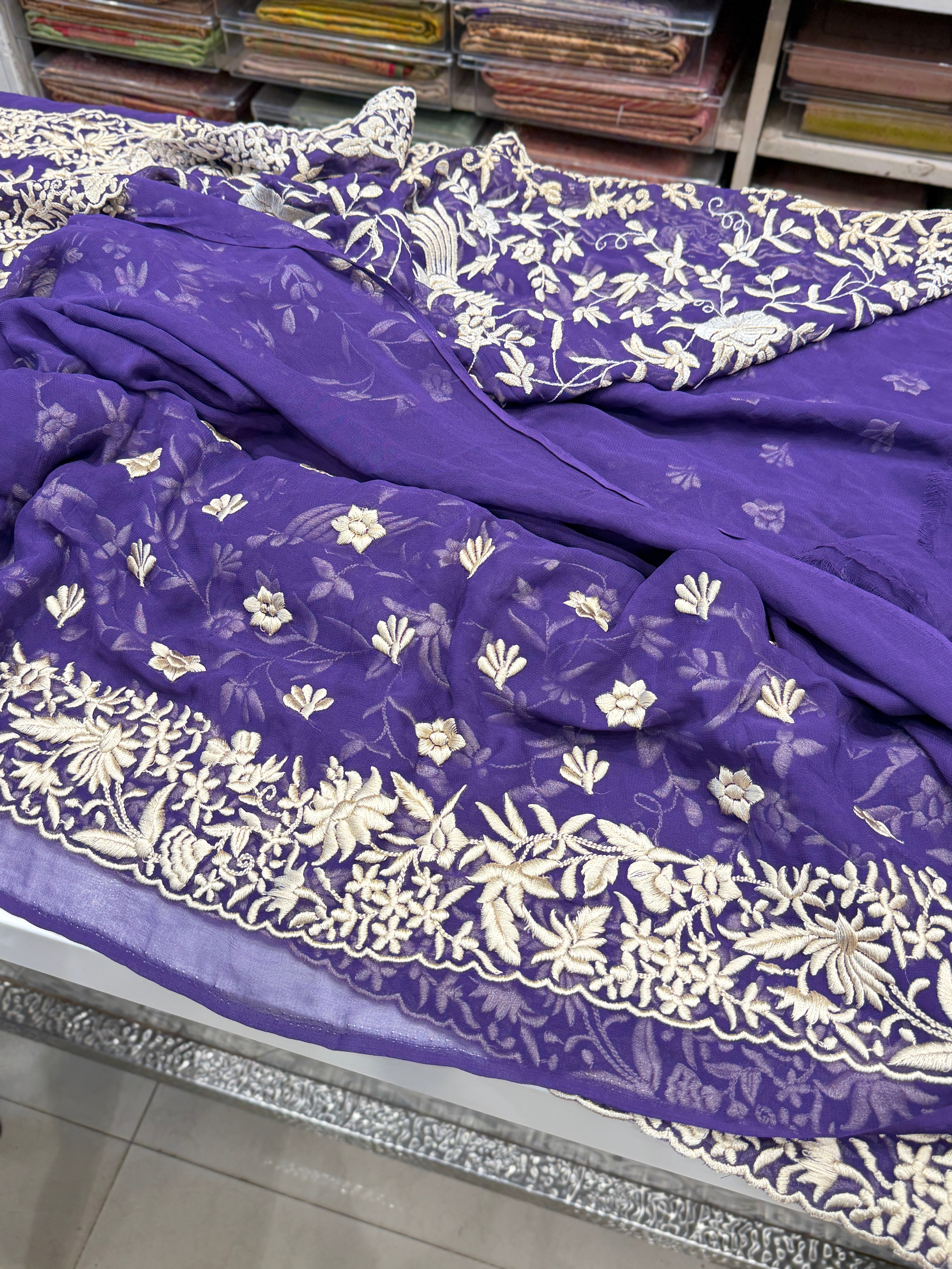 Violet Georgette Floral Jaal Flamingo Resham Embroidery Saree