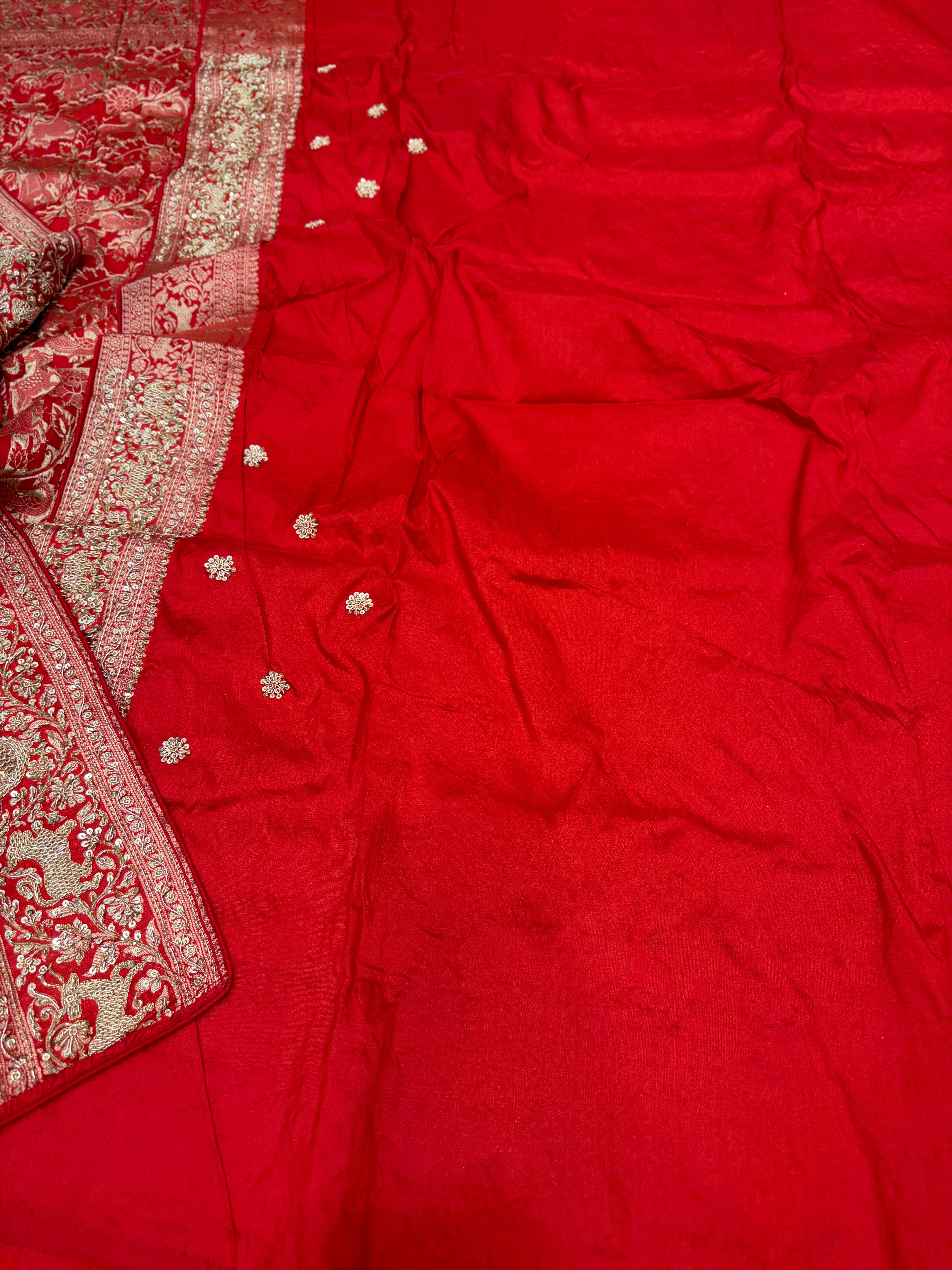 Red Banarasi Shikara Zardosi Hand Embroidery Saree