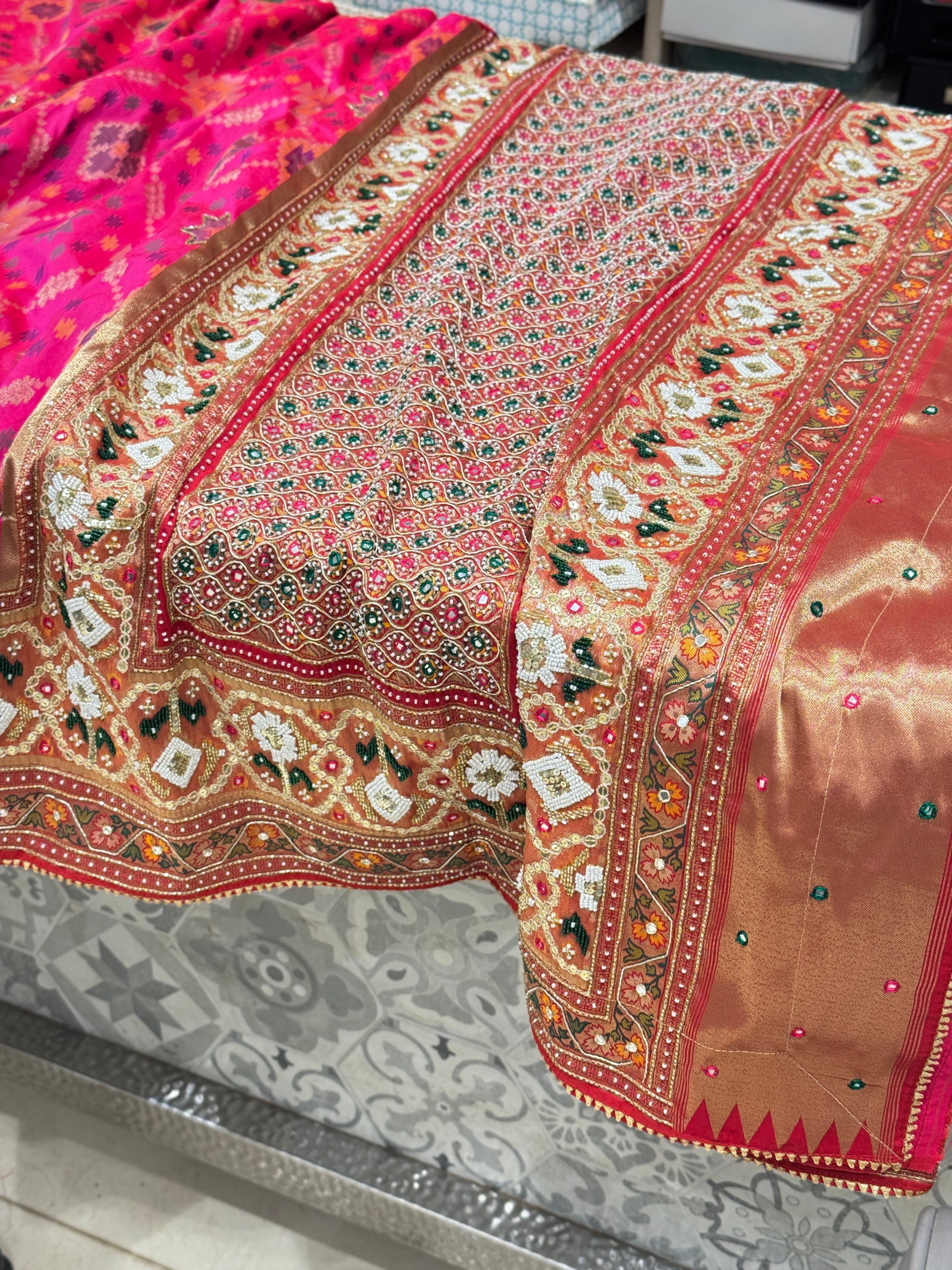 Rani Patola Kutchi Moti Embroidery Saree