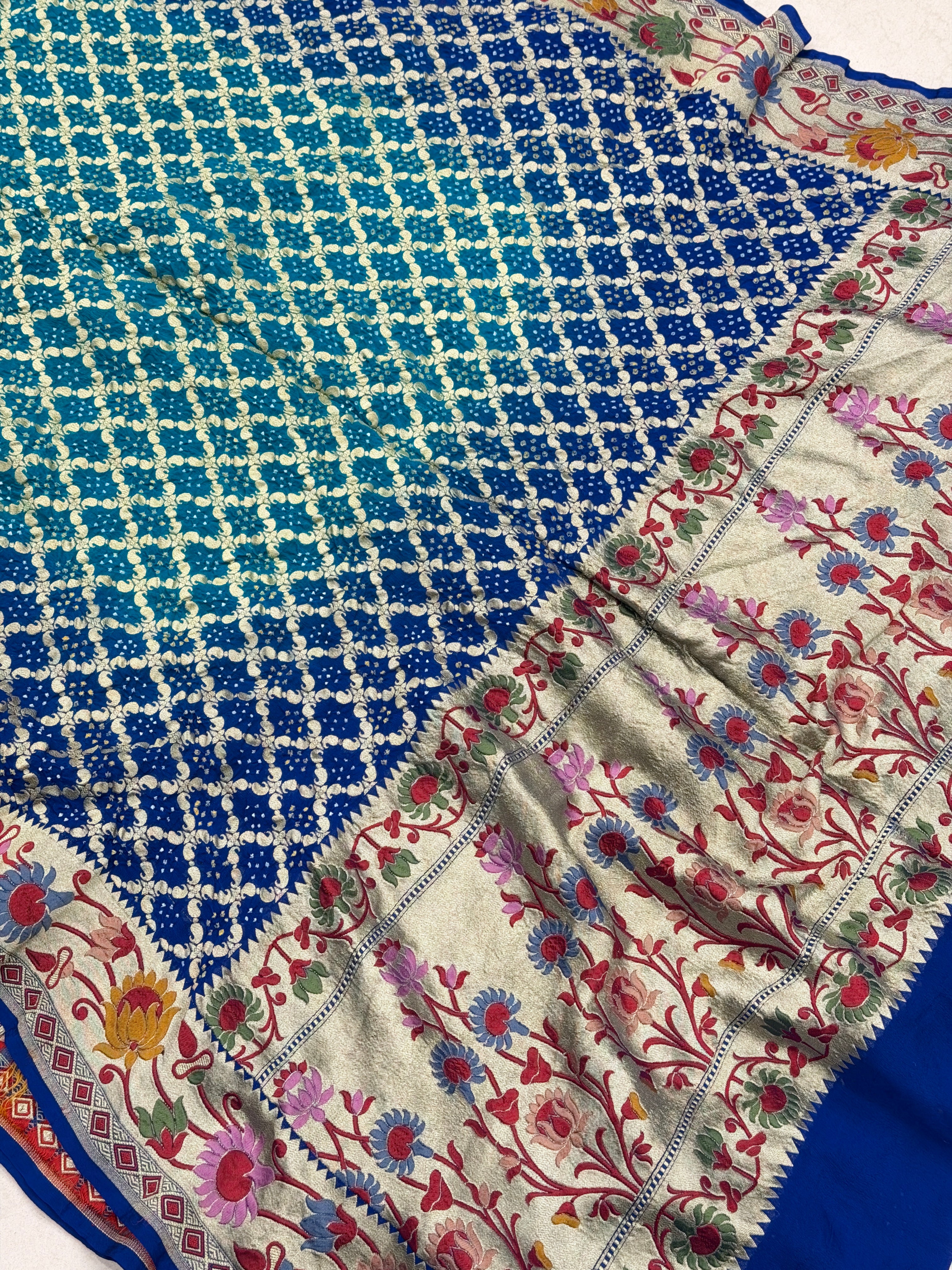 Shaded Blue Meenakari Paithani Style Pure Handloom Georgette Bandhej Saree