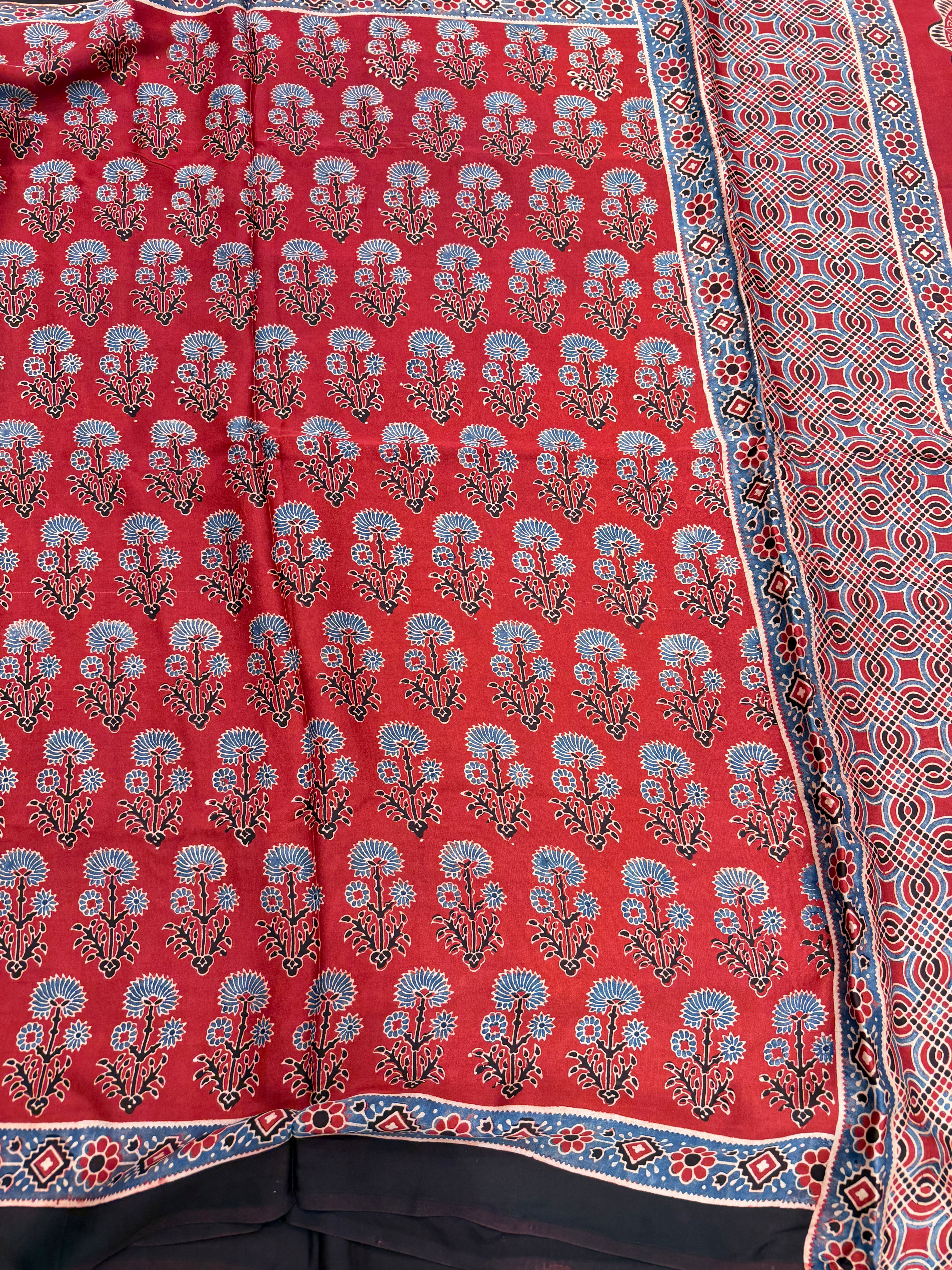 Red Buttas Ajrakh Hand Block Print Pure Gajji Silk Saree