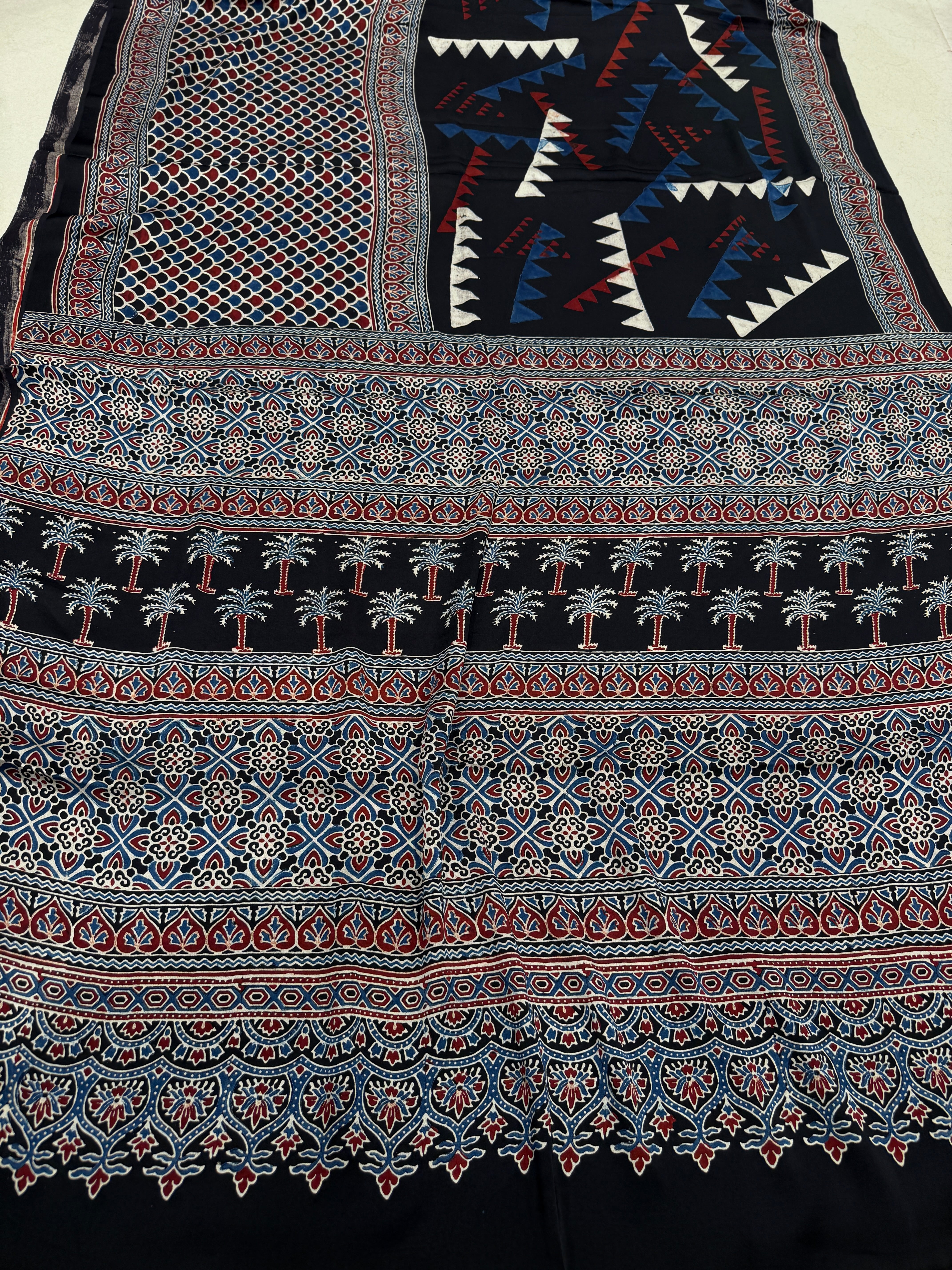 Black Contemporary Ajrakh Block Print Hand Pure Gajji Silk Saree