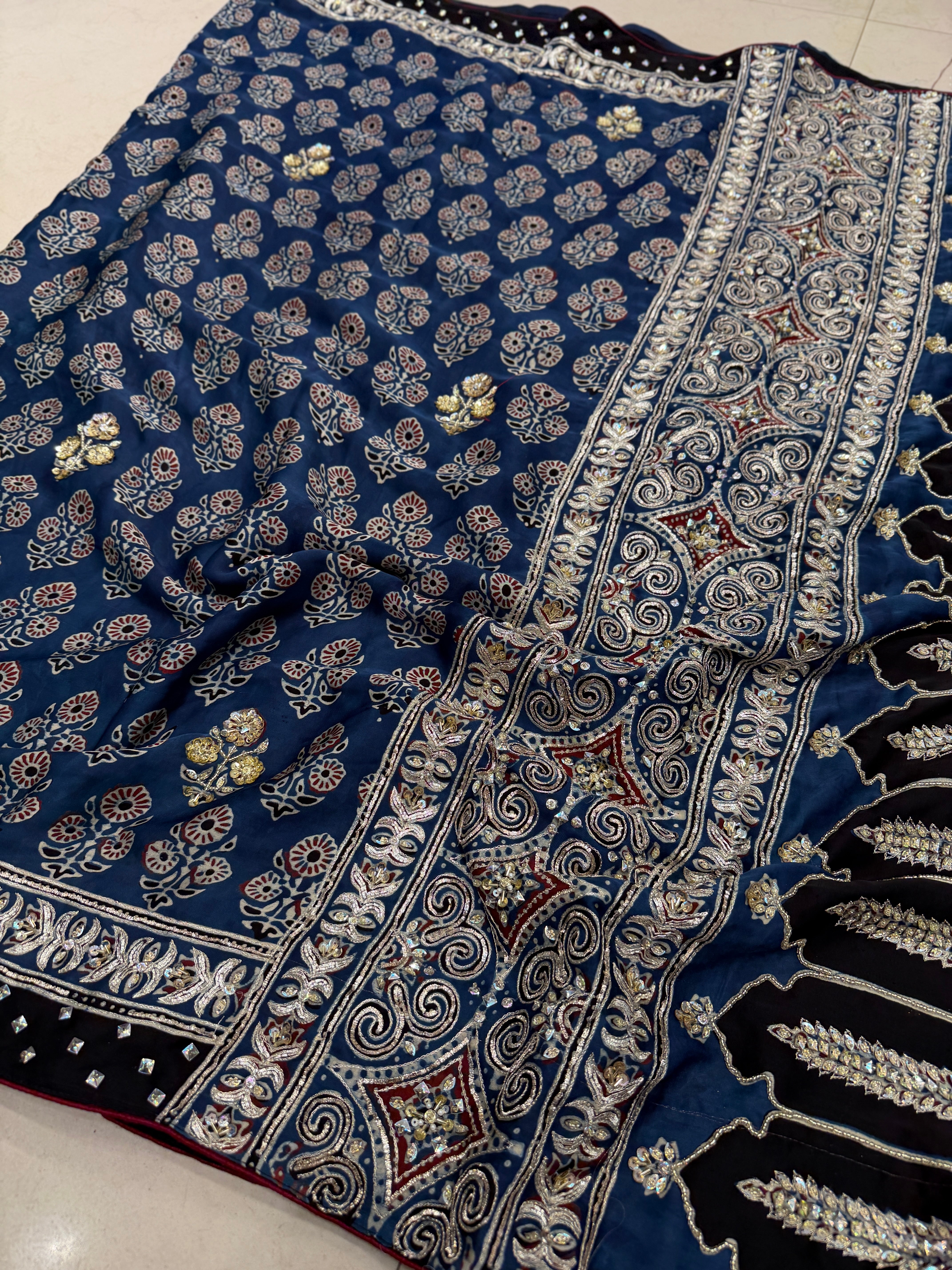 Blue Buttas Pita Zardosi Sequin Ajrakh Hand Embroidery Saree