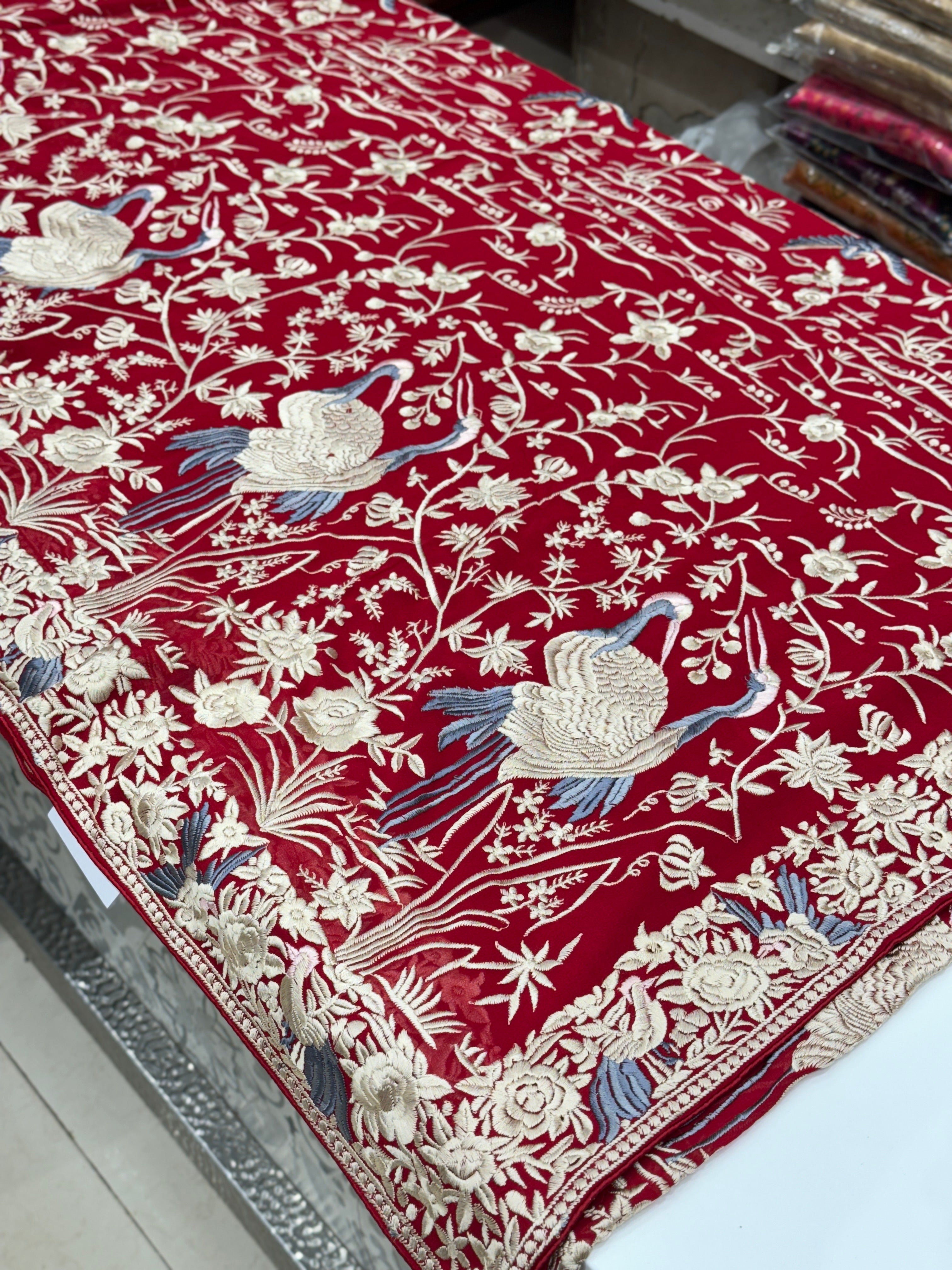Red Georgette Flamingo Parsi Gara Saree