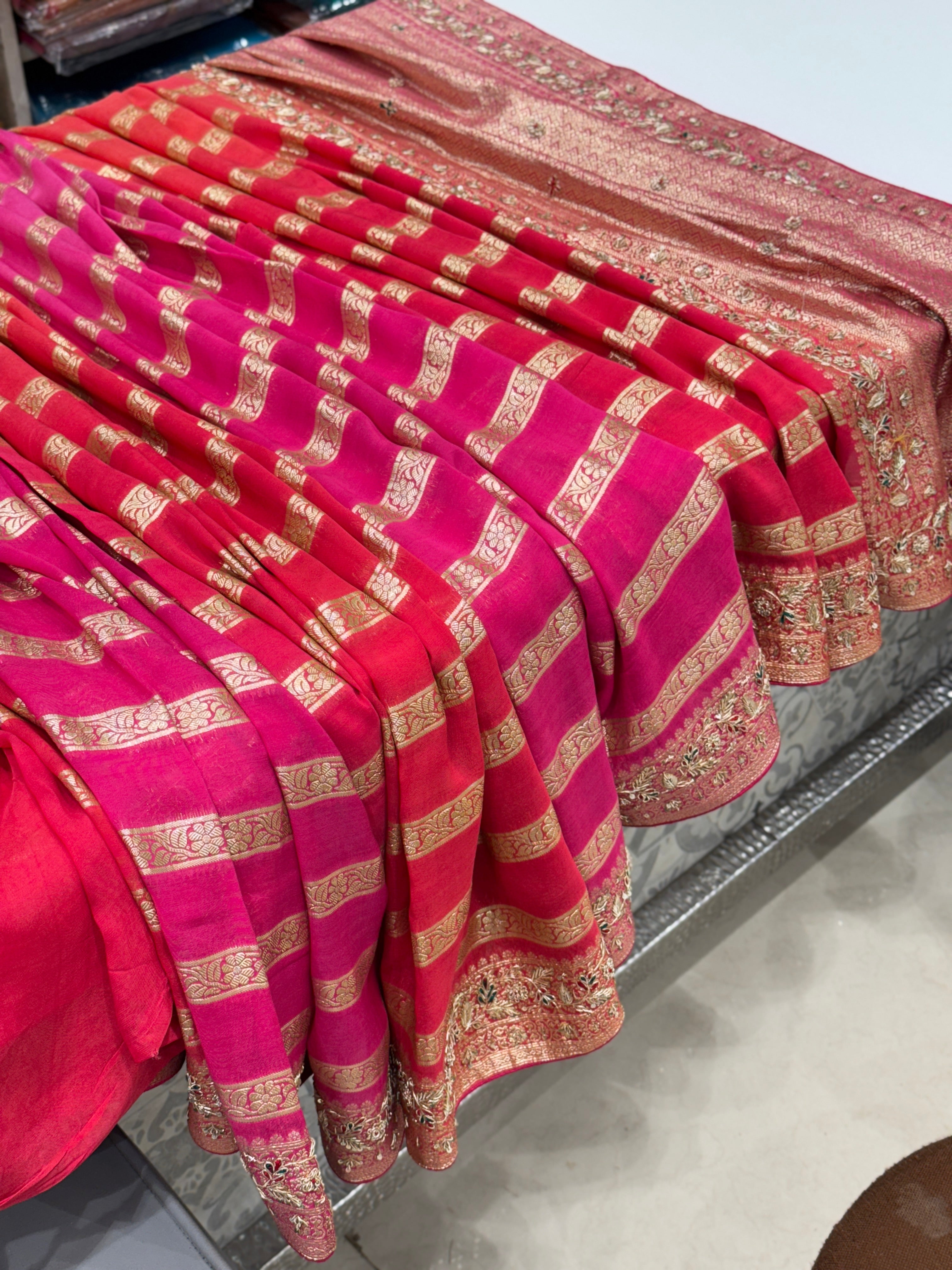 Shaded Satin Organza Zardosi Saree Leheriya Style