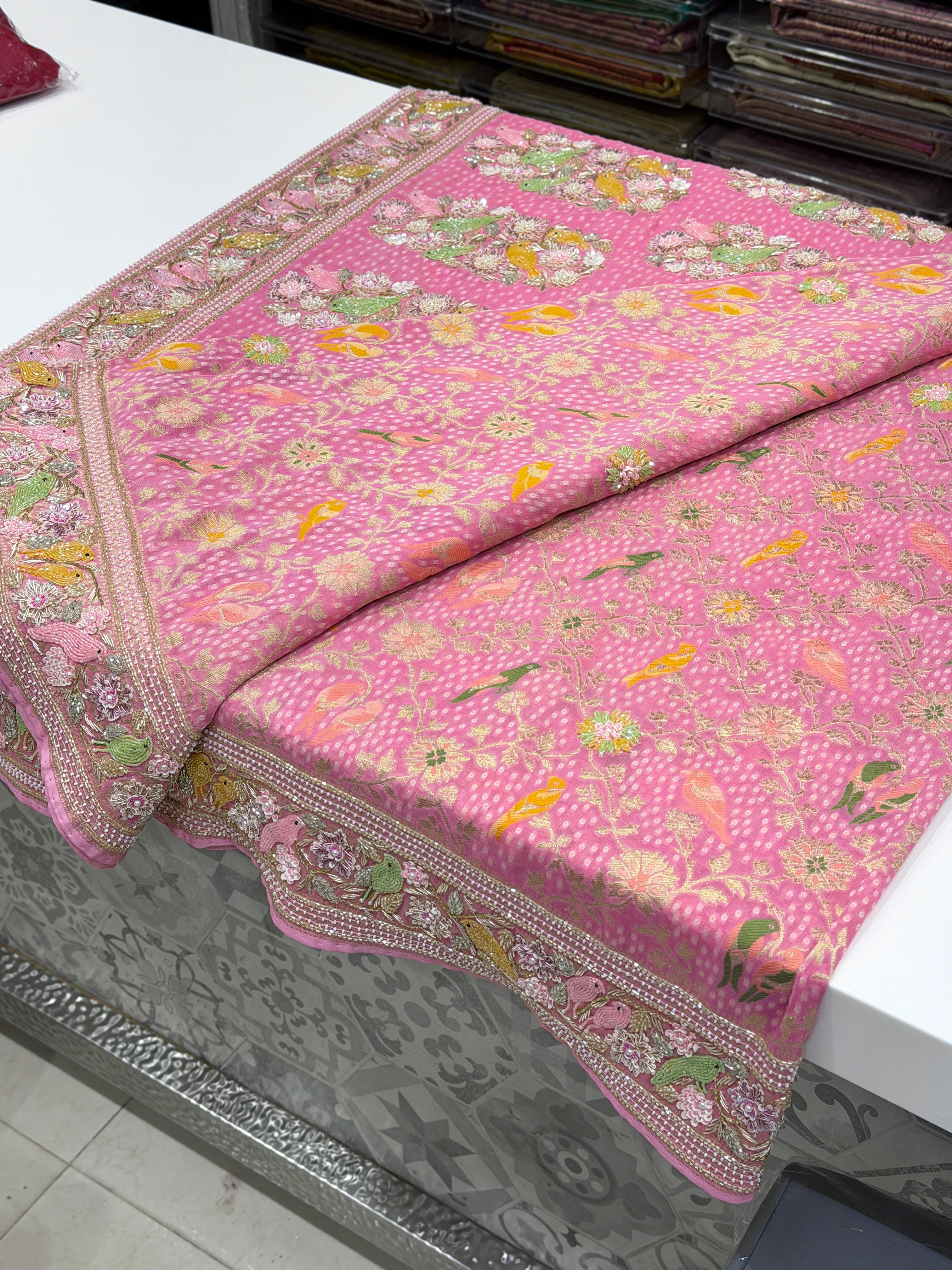Pink Weaved Bandhej Parrot Motifs Georgette Moti Zardodi Hand Embroidery Saree