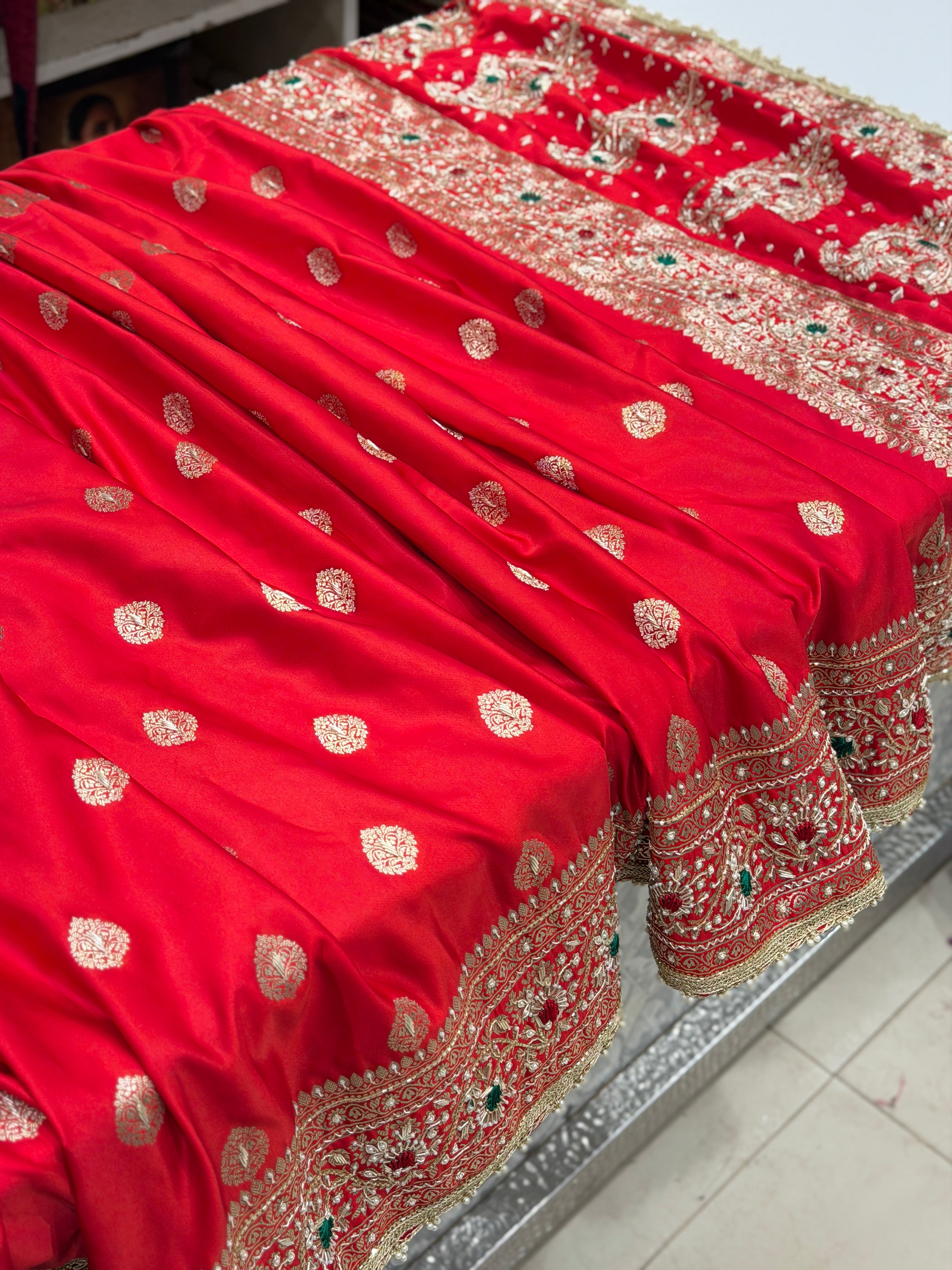 Red Banarasi Buttas Resham Zardosi Hand Embroidery Saree