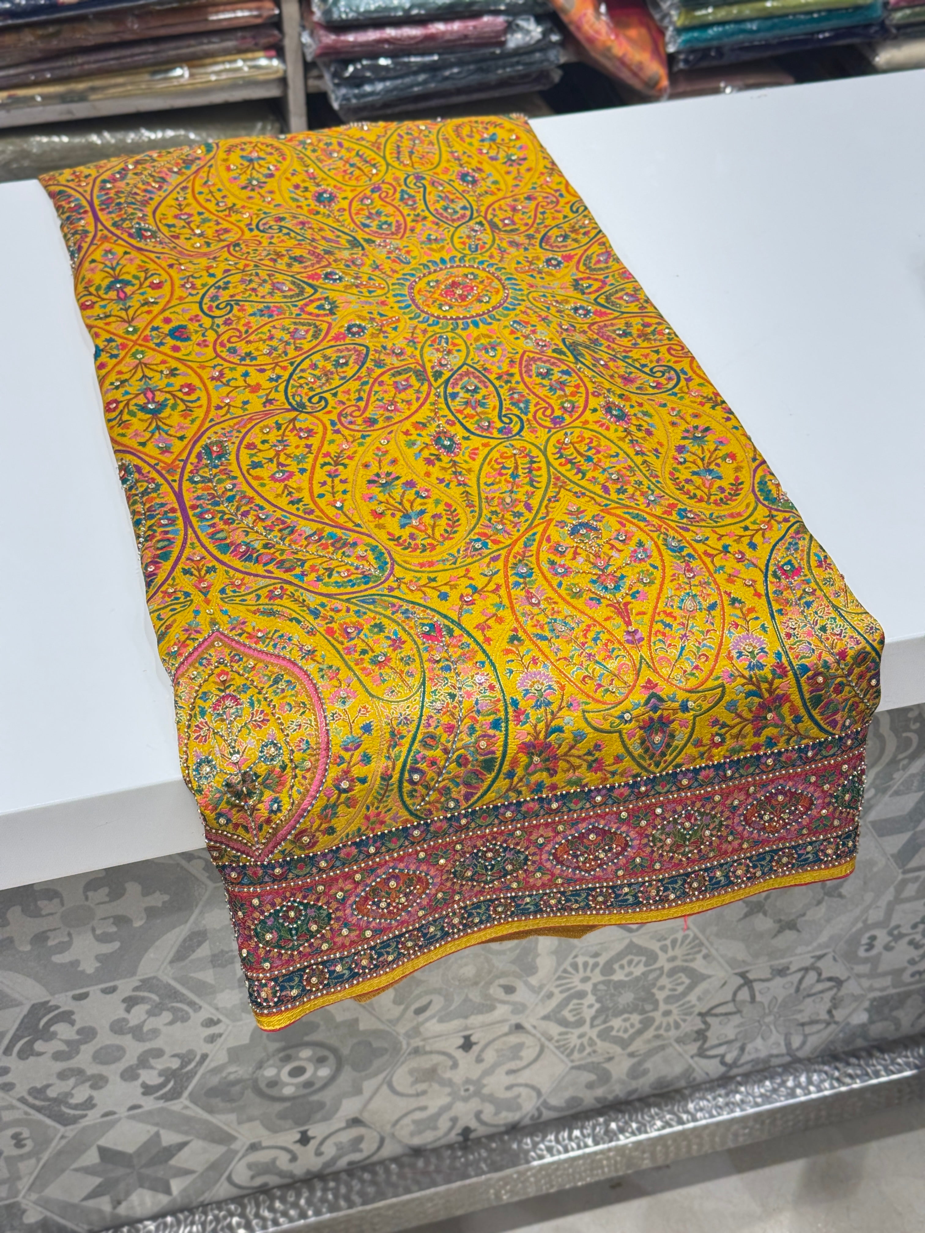 Yellow Banarasi Munga Pashmina Style Hand Embroidery Saree