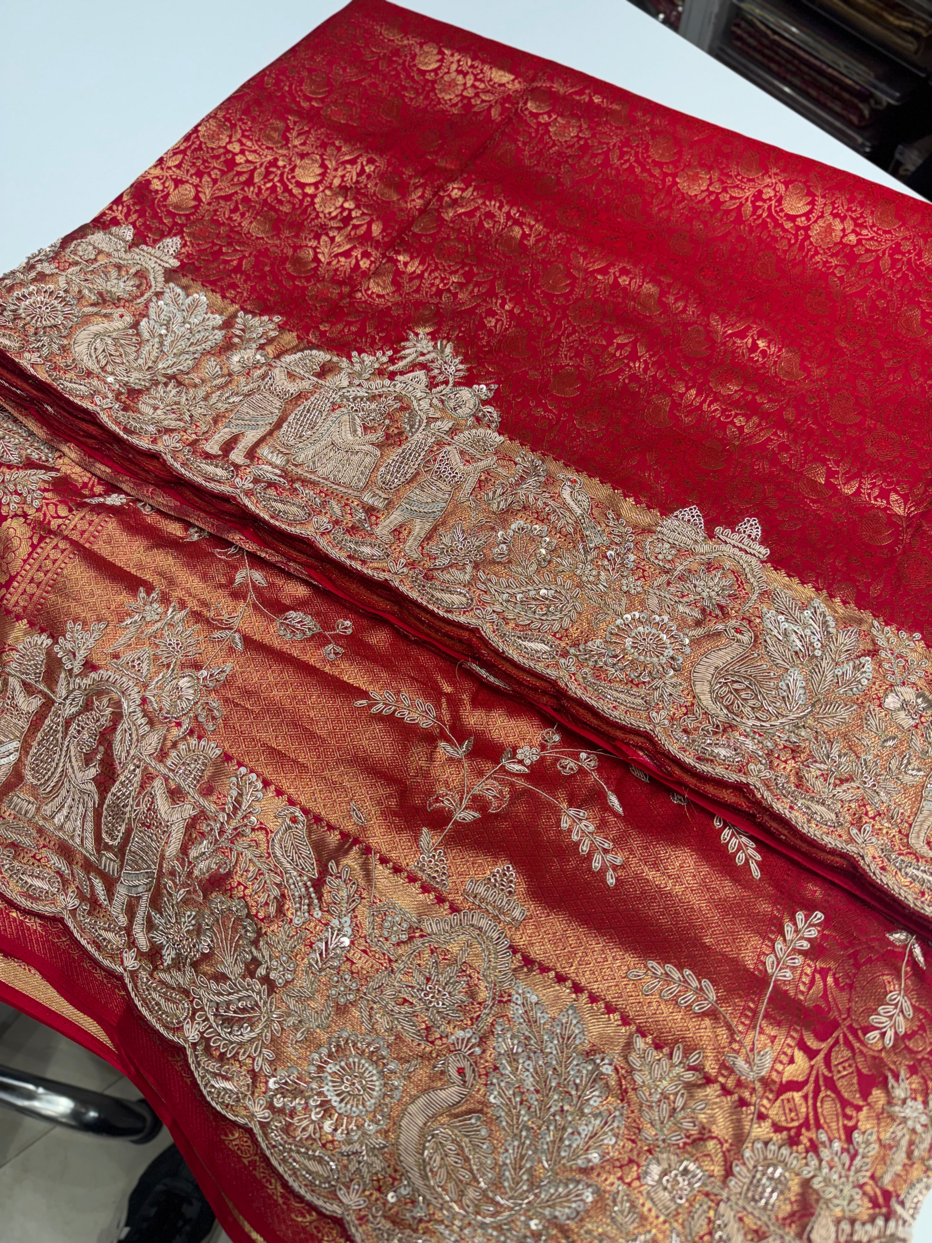 Red Kanjivaram Hand Embroidery Zardosi Doli Edit Saree