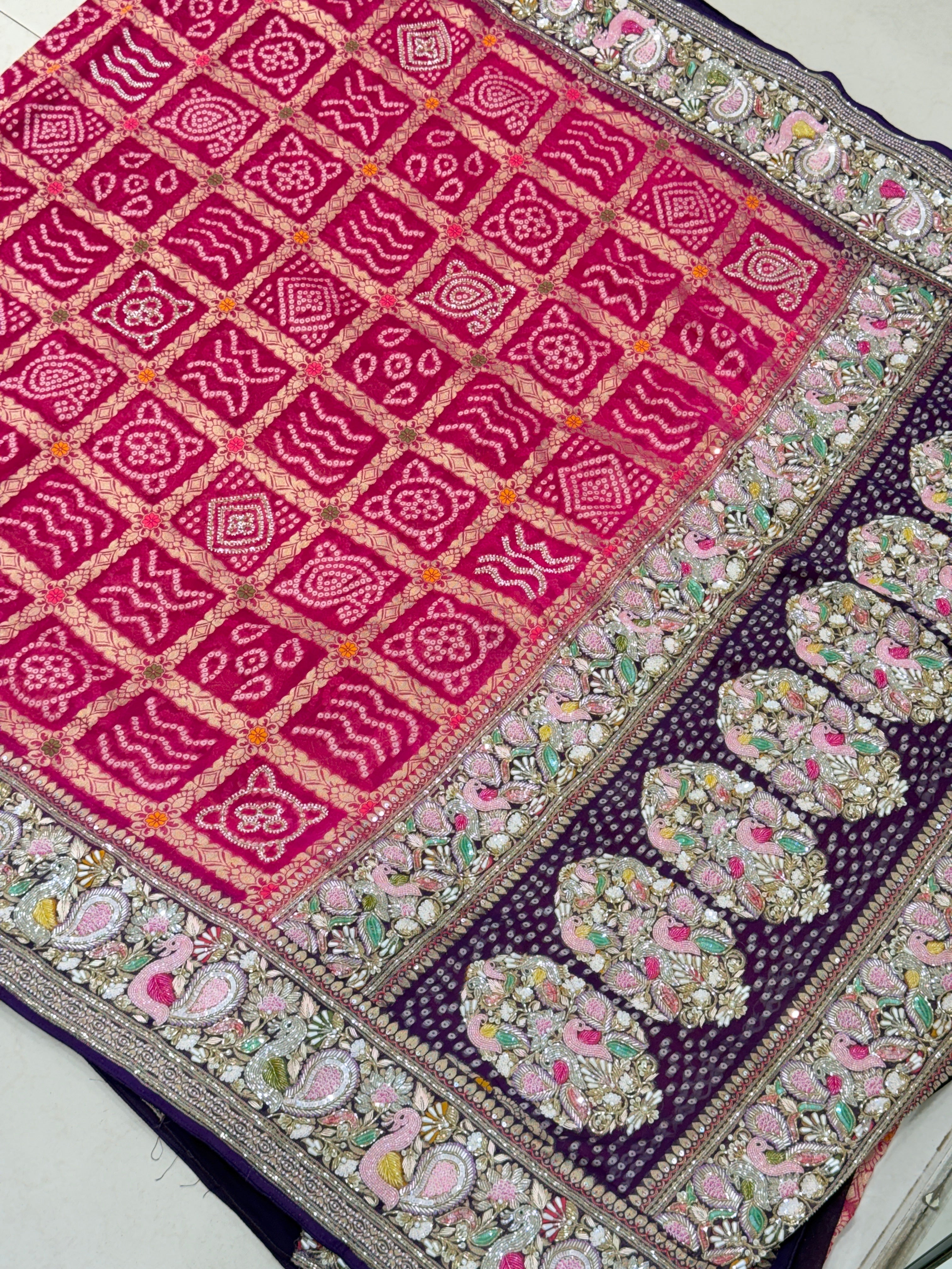 Rani Purple Gharchola Moti Sequin Zardosi Hand Embroidery Georgette Saree