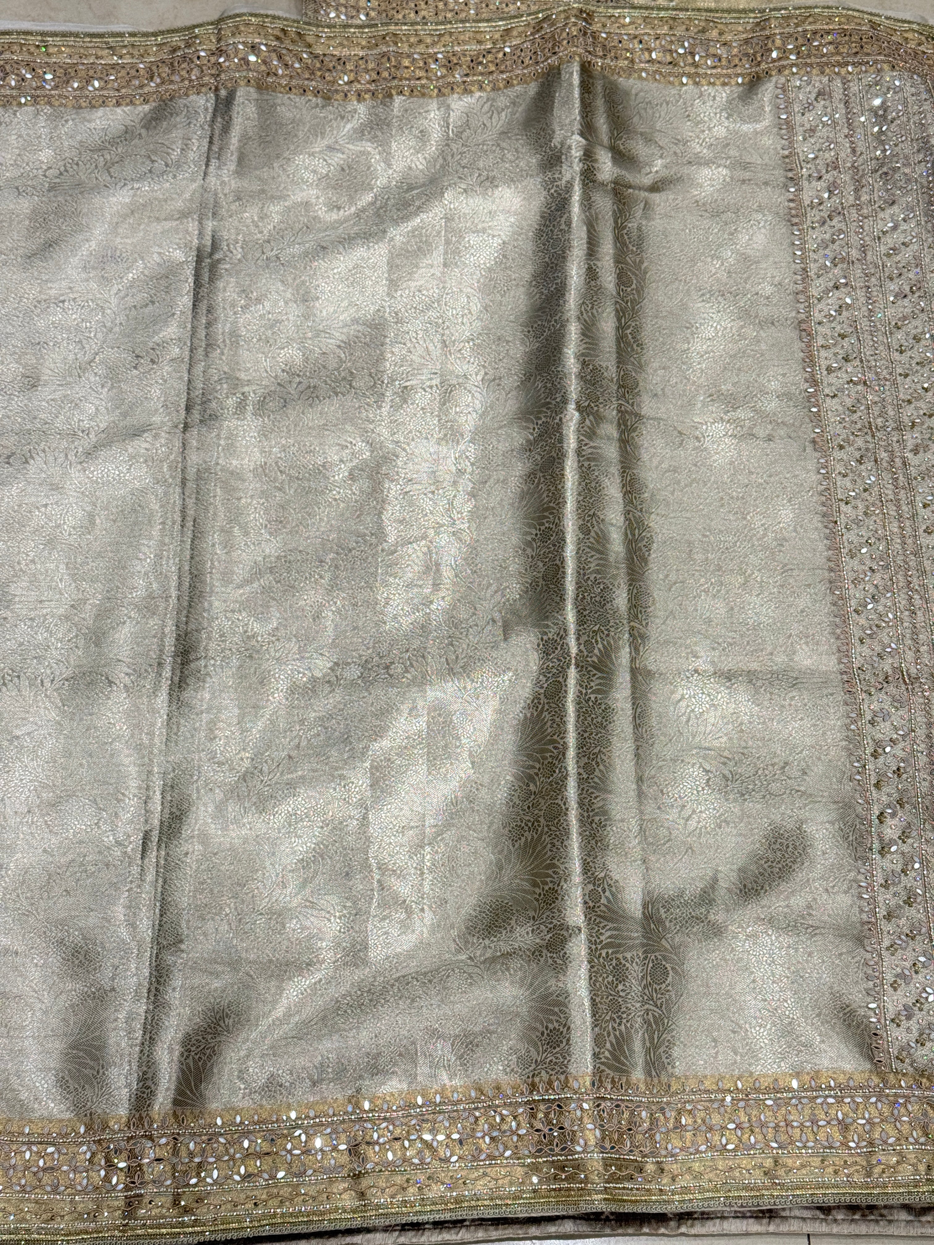 Silver Tissue Kanjivaram Hand Embroidery Saree