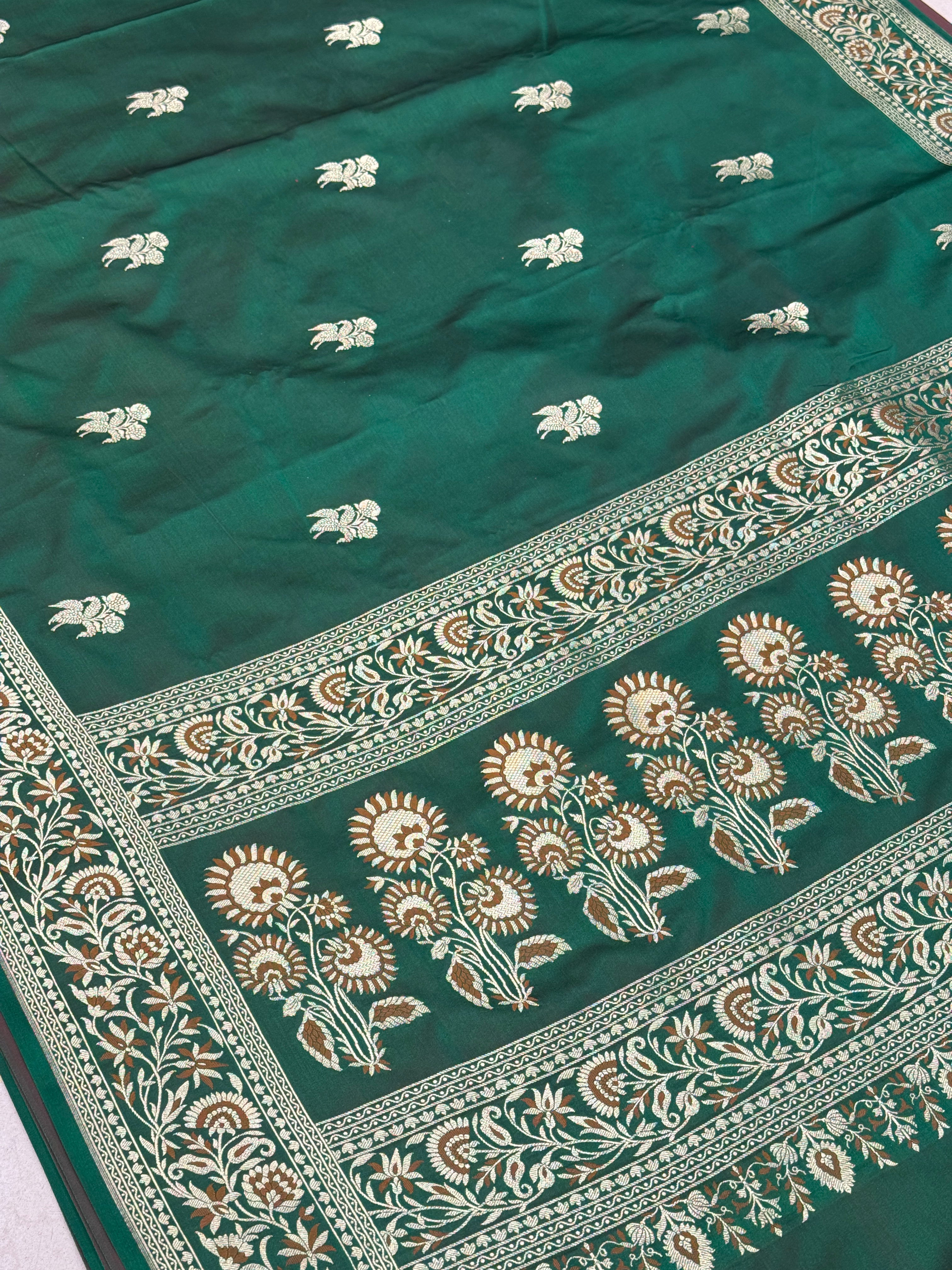 Bottle Green Banarasi Taj Mahal Floral Buttas Saree