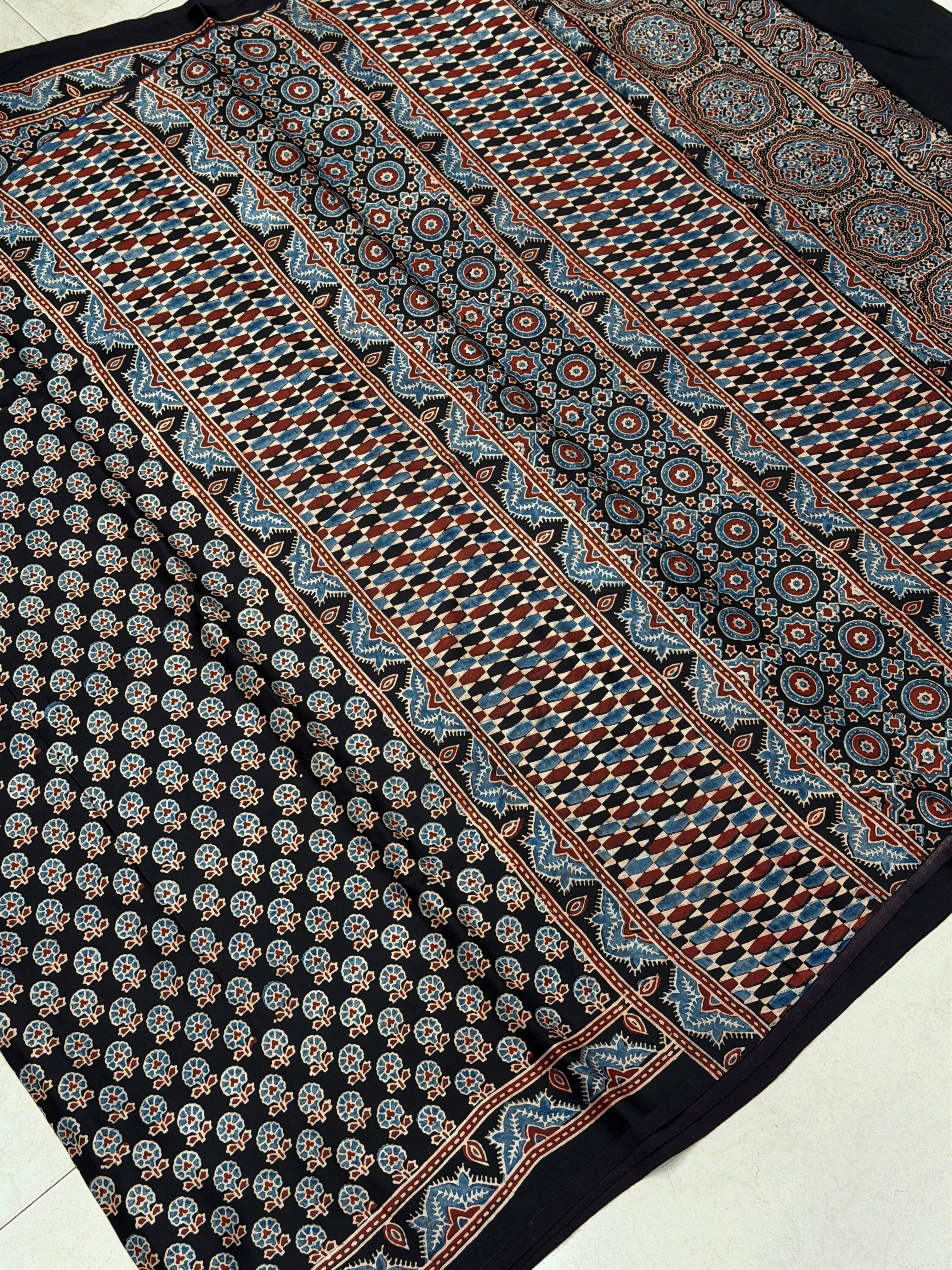 Black Small Tree Buttis Ajrakh Hand Block Print Pure Modal Silk Saree