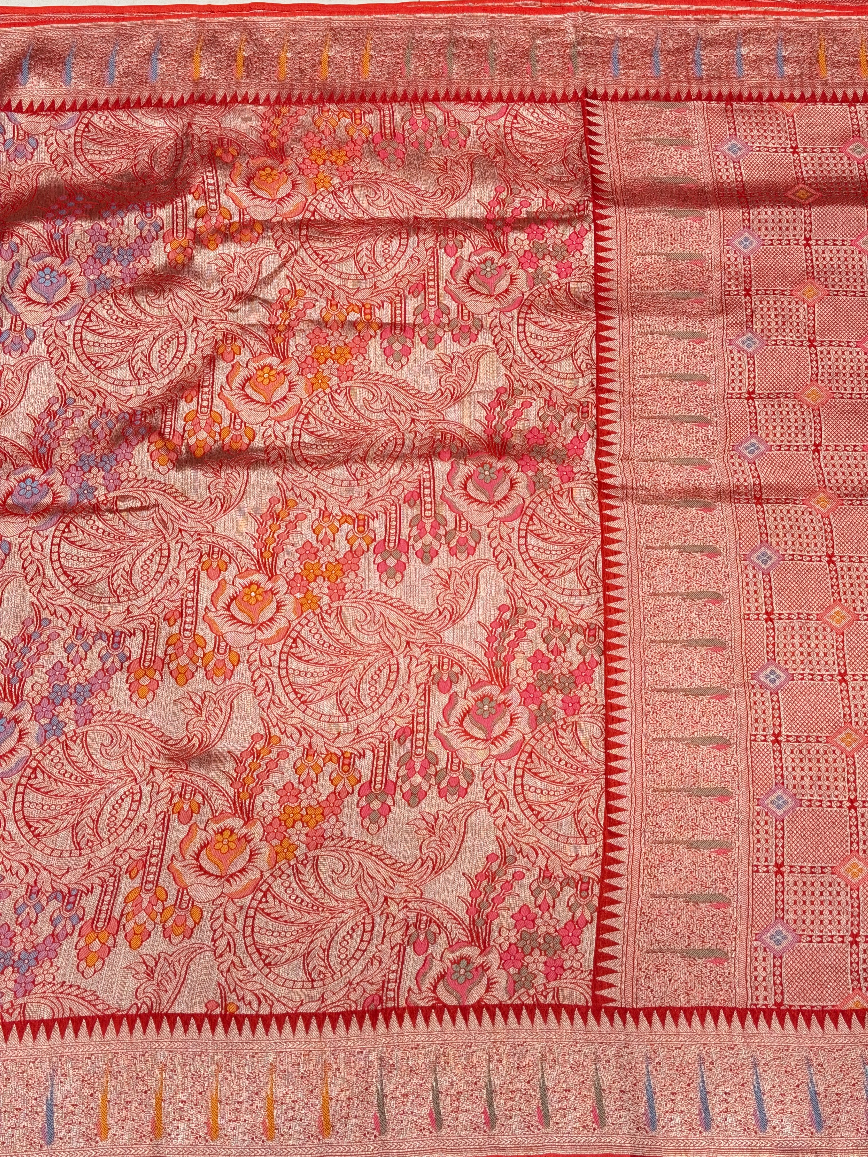 Red Banarasi Munga Tissue Meenakari Saree