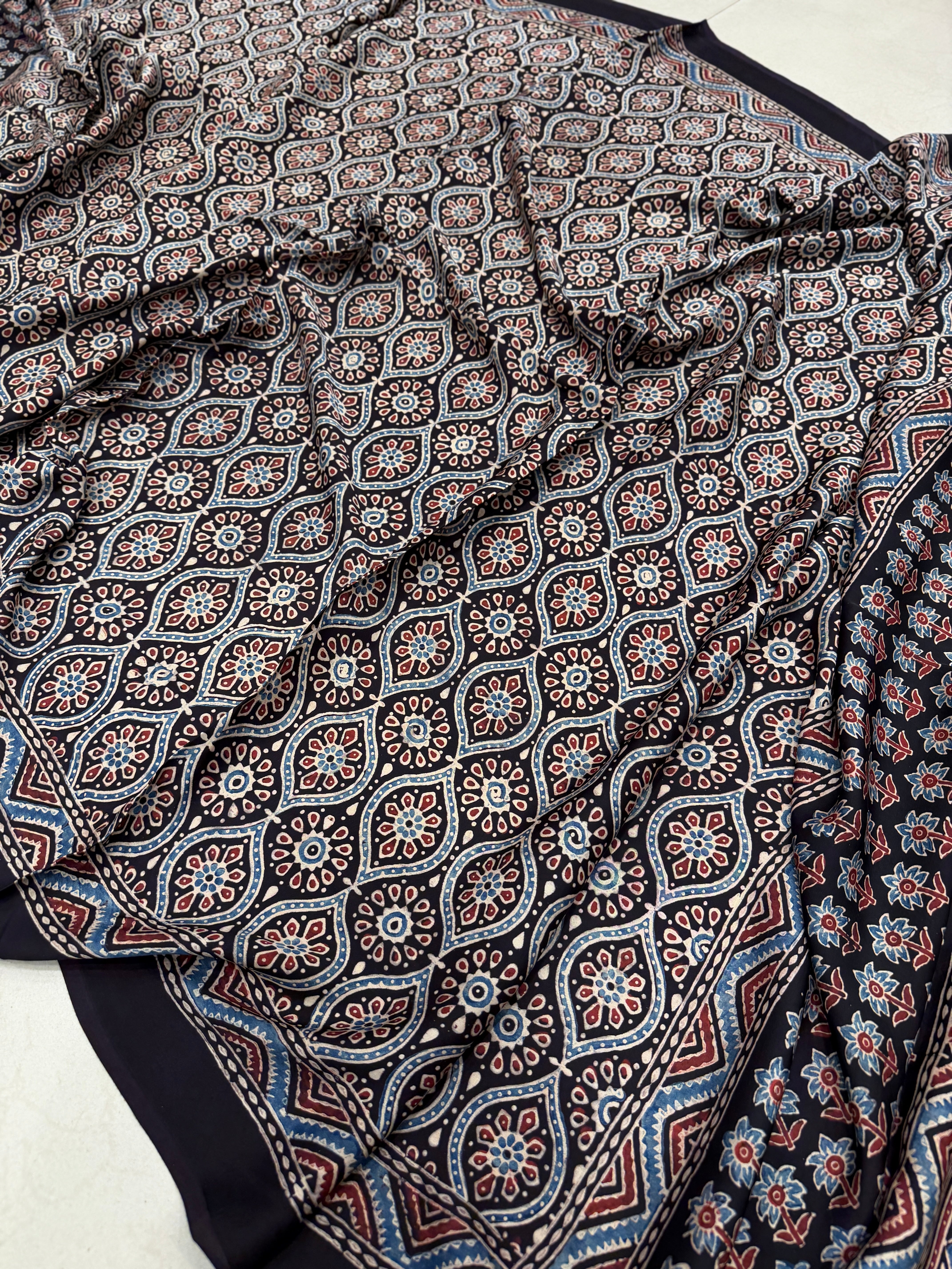 Black Badam Jaal Ajrakh Hand Block Print Pure Gajji Silk Dupatta