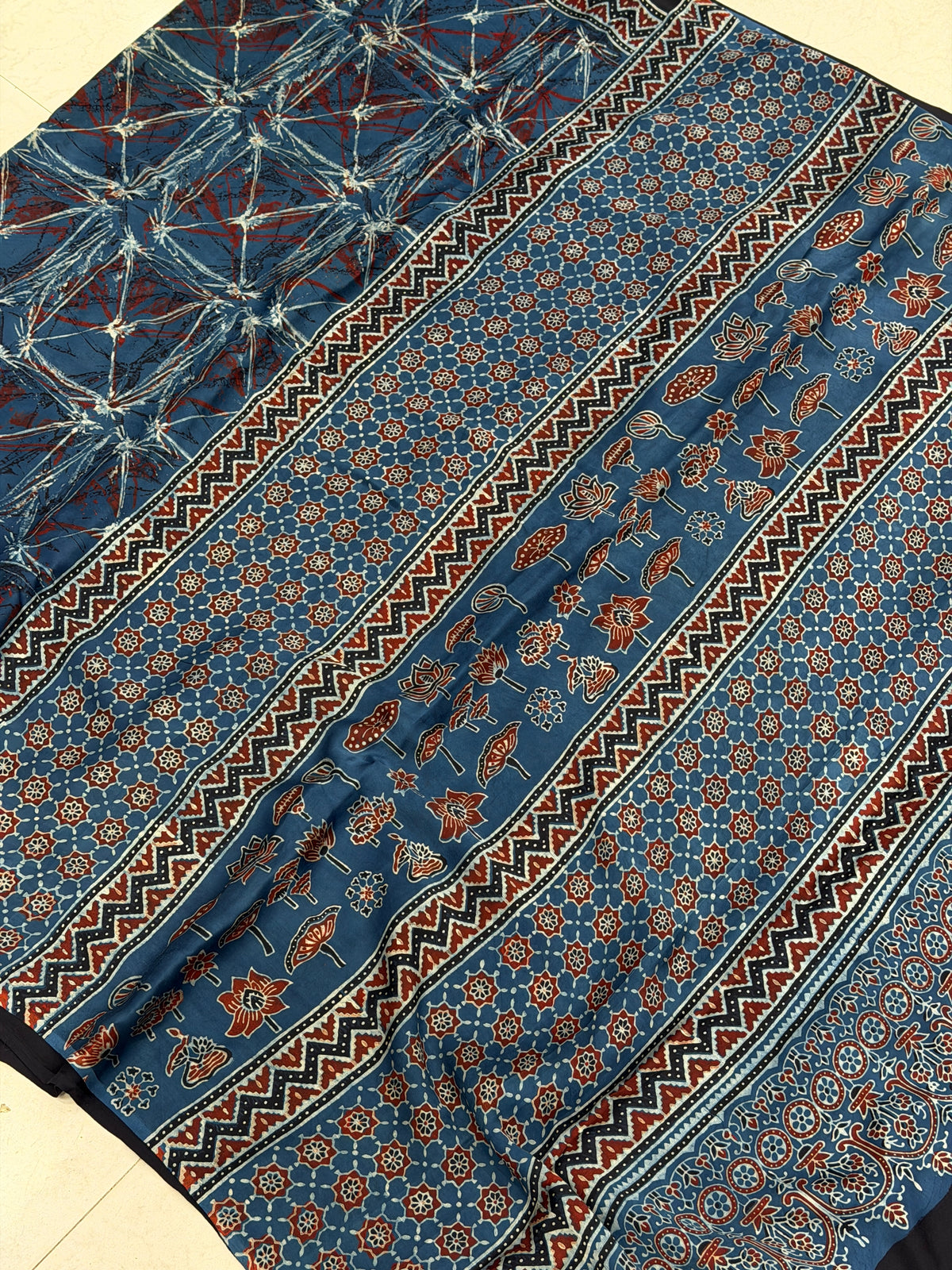 Blue Abstract Ajrakh Hand Block Print Pure Gajji Silk Saree
