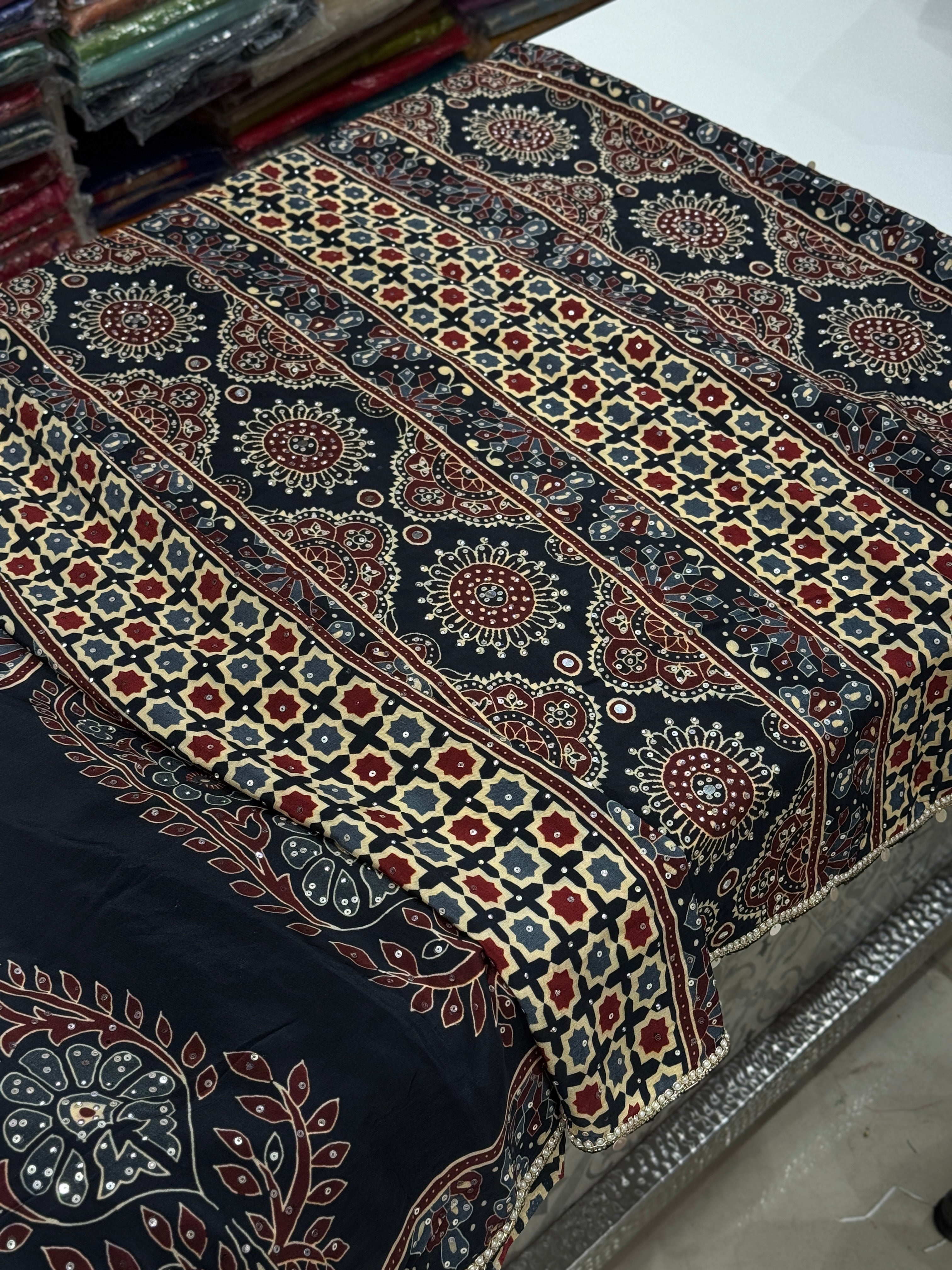 Ajrakh Satin Digital Print Hand Embroidery Saree