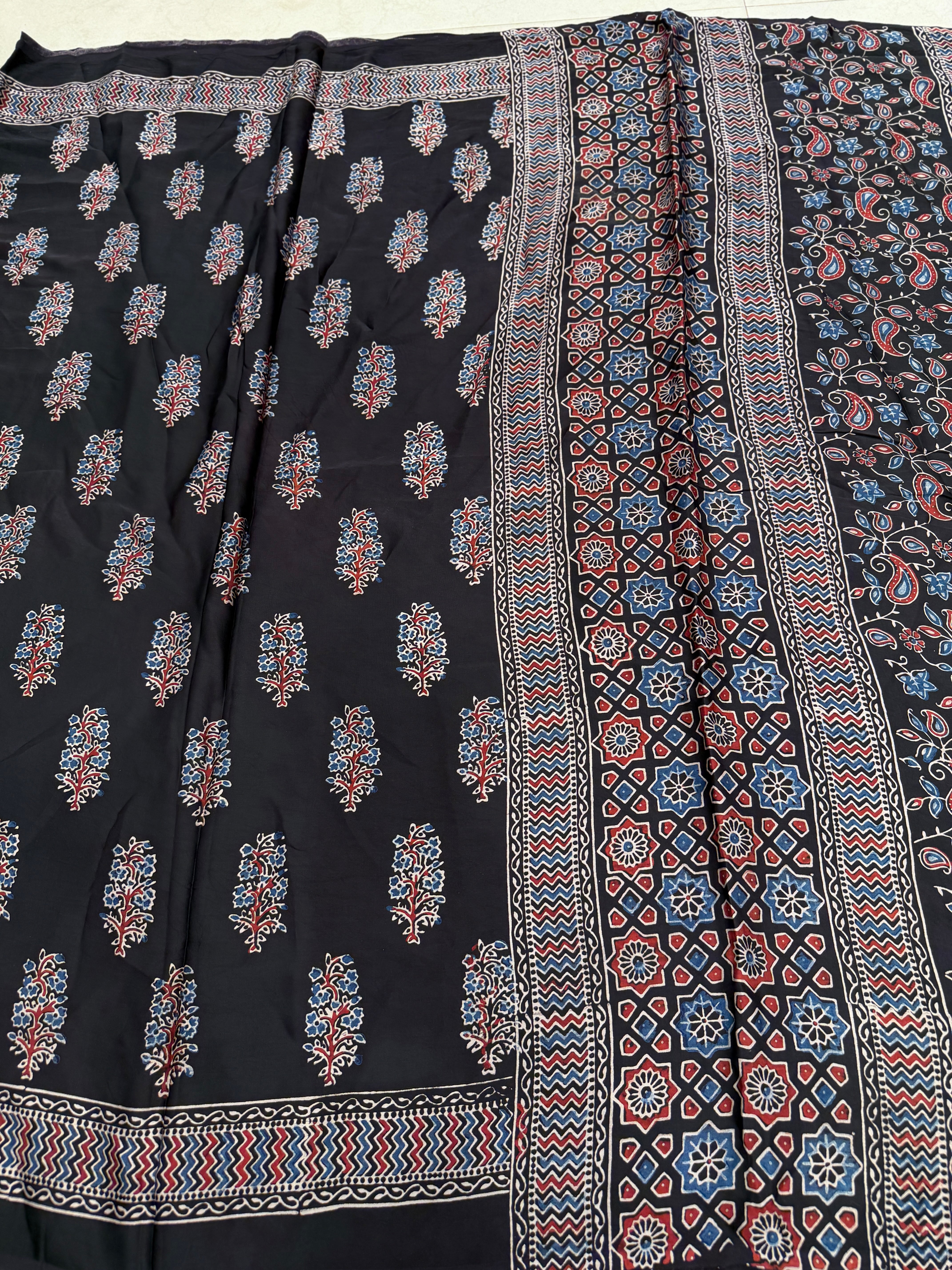 Black Tree Butta Ajrakh Hand Block Print Pure Gajji Silk Saree