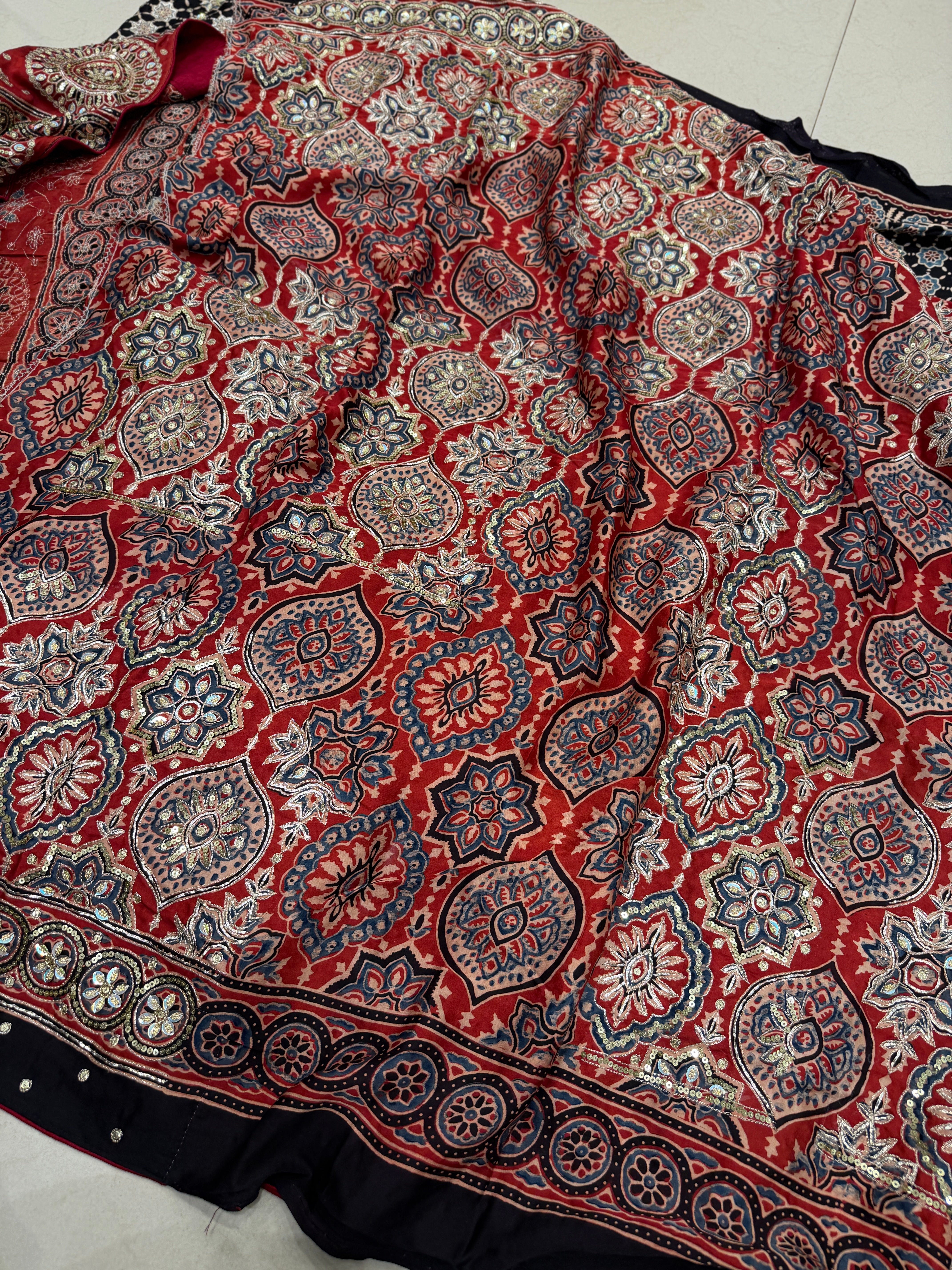 Red Black Jaal Pita Sequin Ajrakh Hand Embroidery Saree
