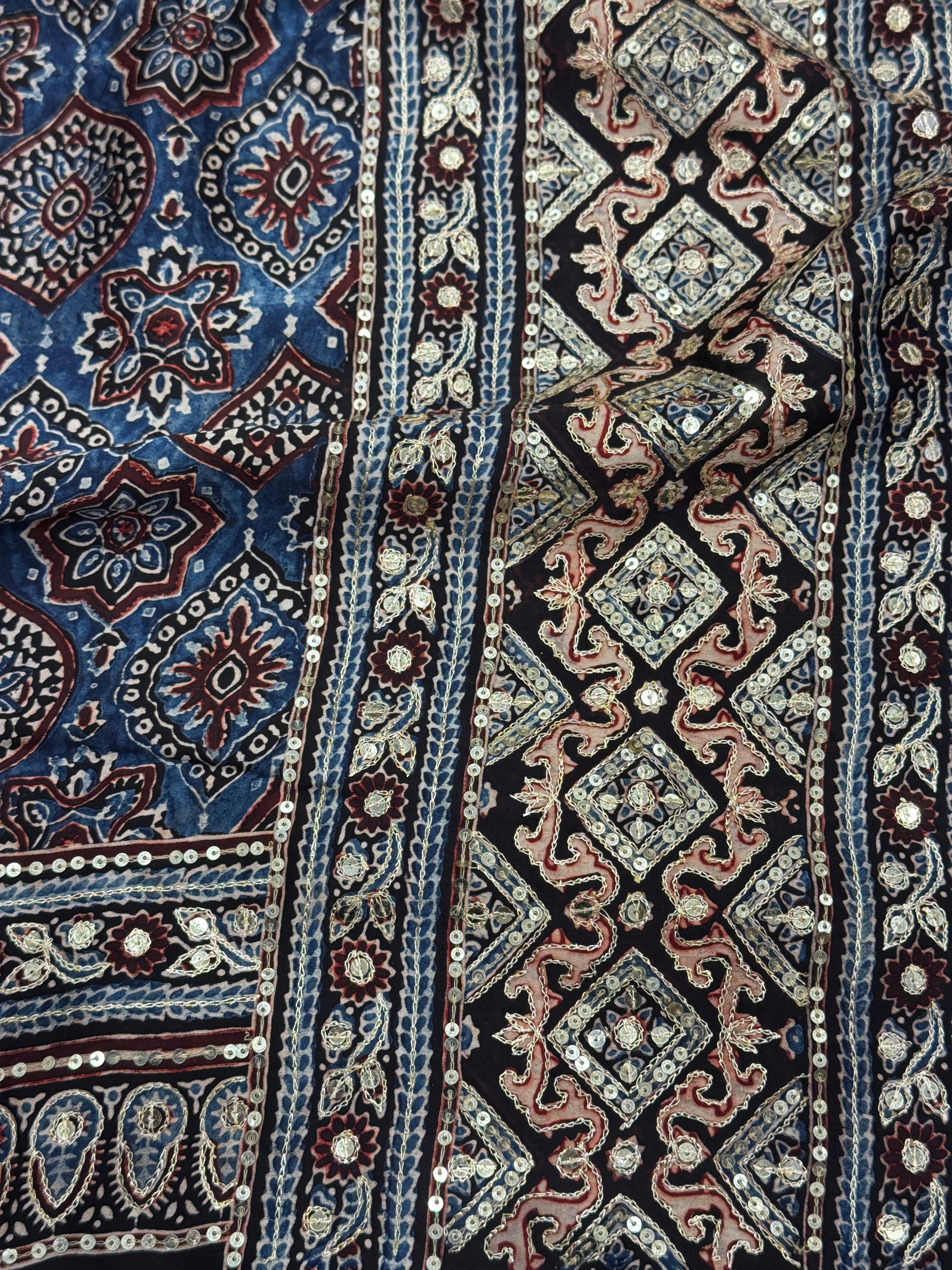 Blue Badam Jaal Pita Sequin Ajrakh Hand Embroidery Saree