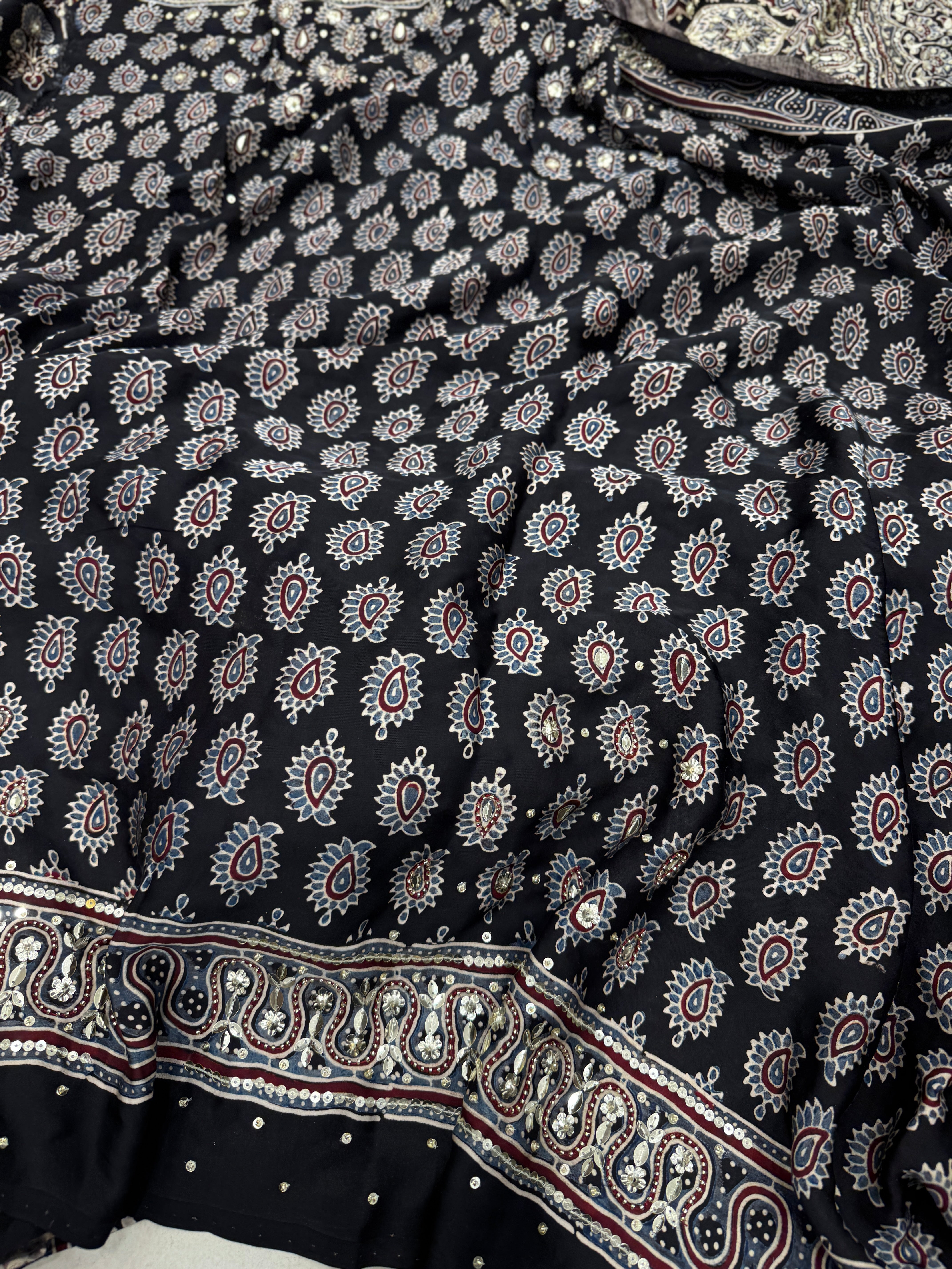 Black Floral Buttas Sequin Ajrakh Hand Embroidery Saree