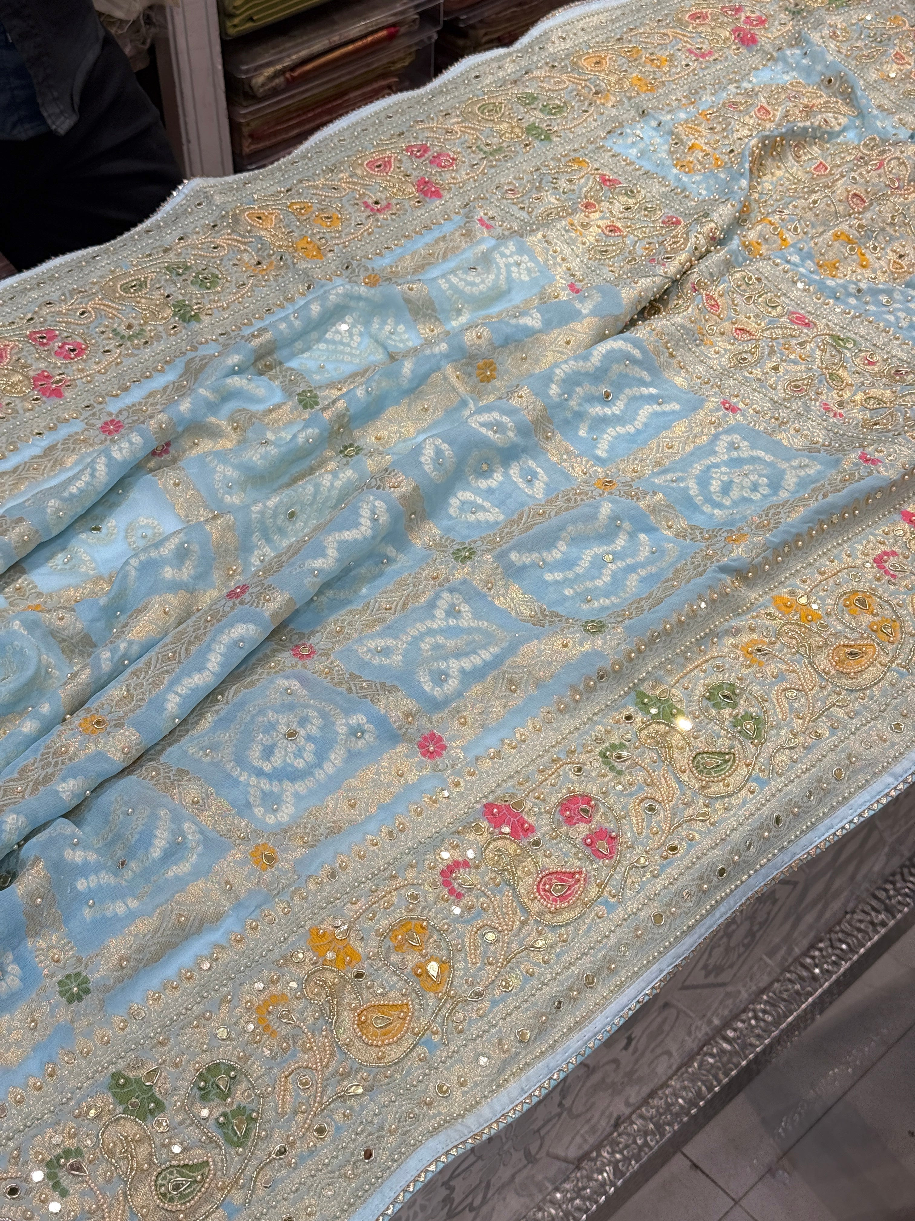 Light Blue Gharchola Moti Hand Embroidery Saree