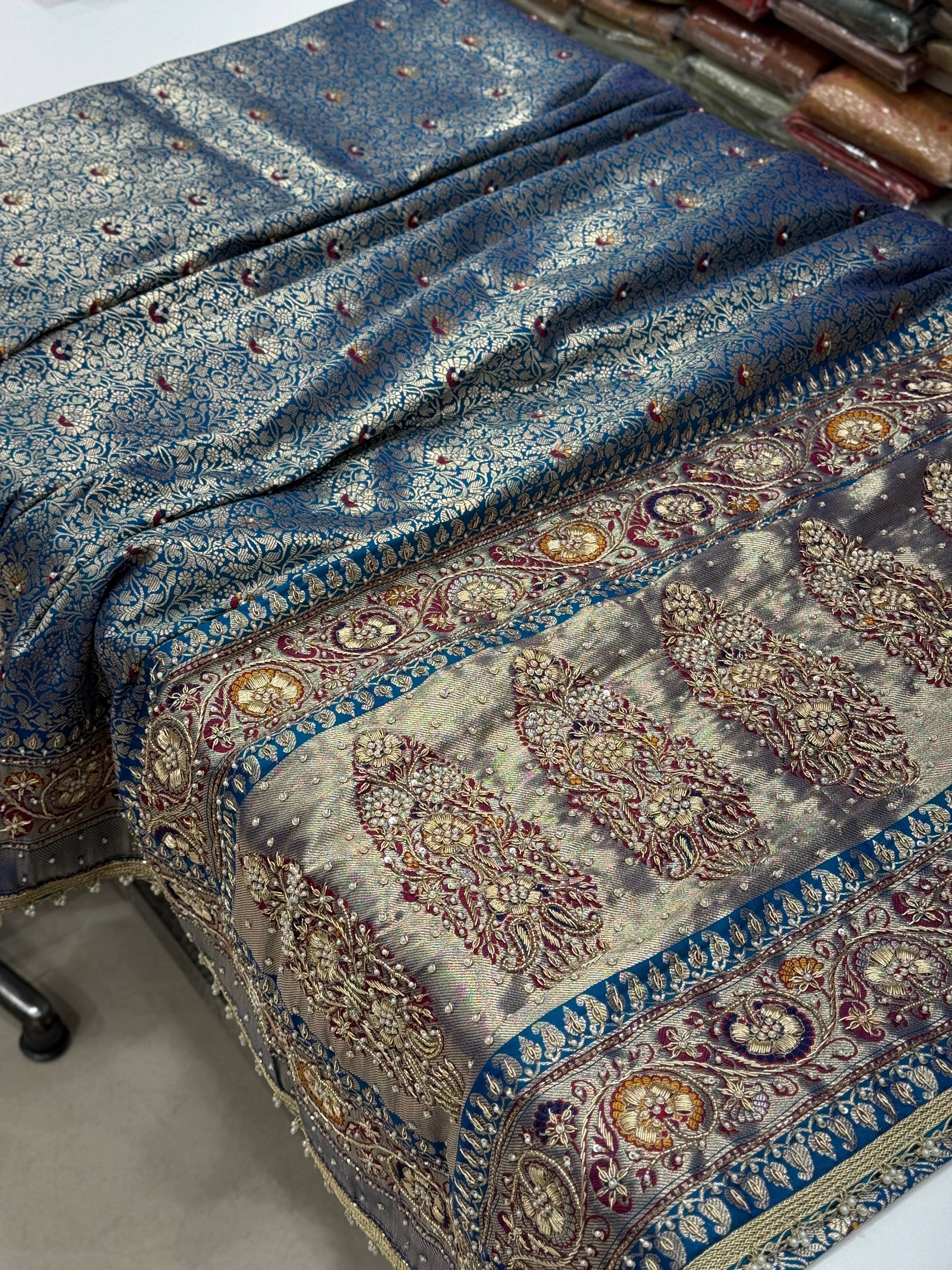 Blue Banarasi Brocade Weave Meenakari Hand Embroidery Zardosi Saree