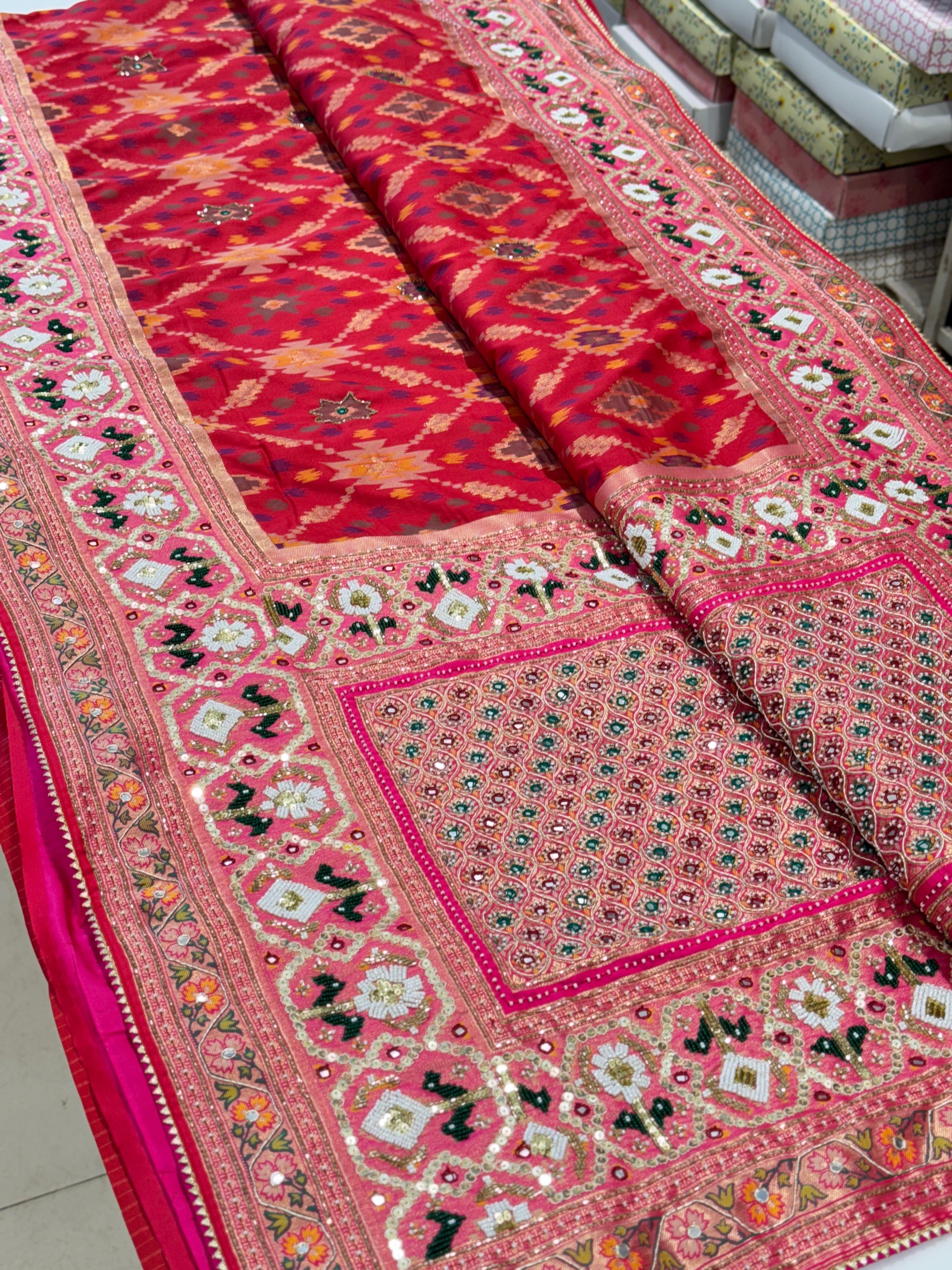 Red Patola Kutchi Moti Embroidery Saree