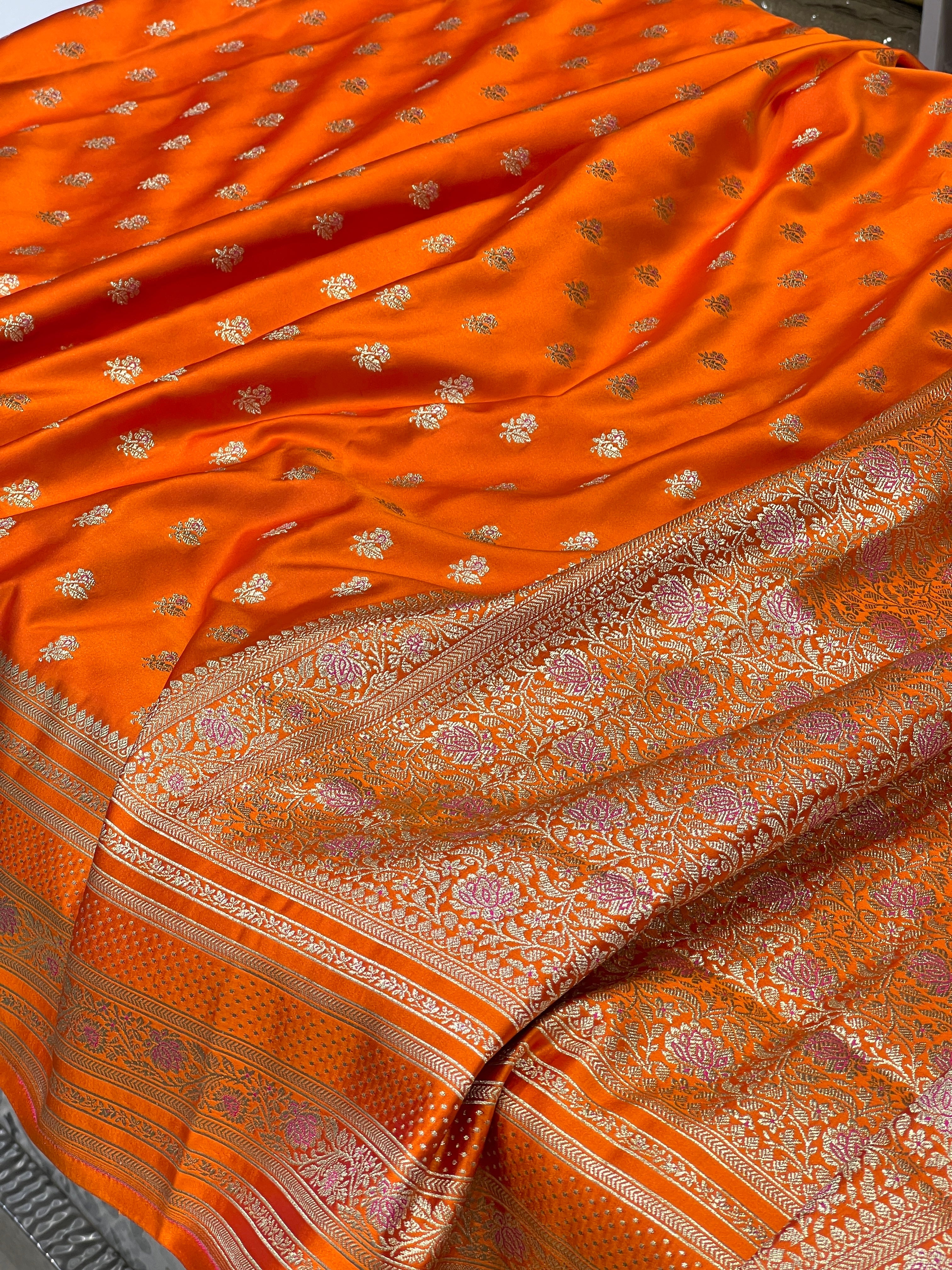 Orange Banarasi Silk Big Border Butti Saree