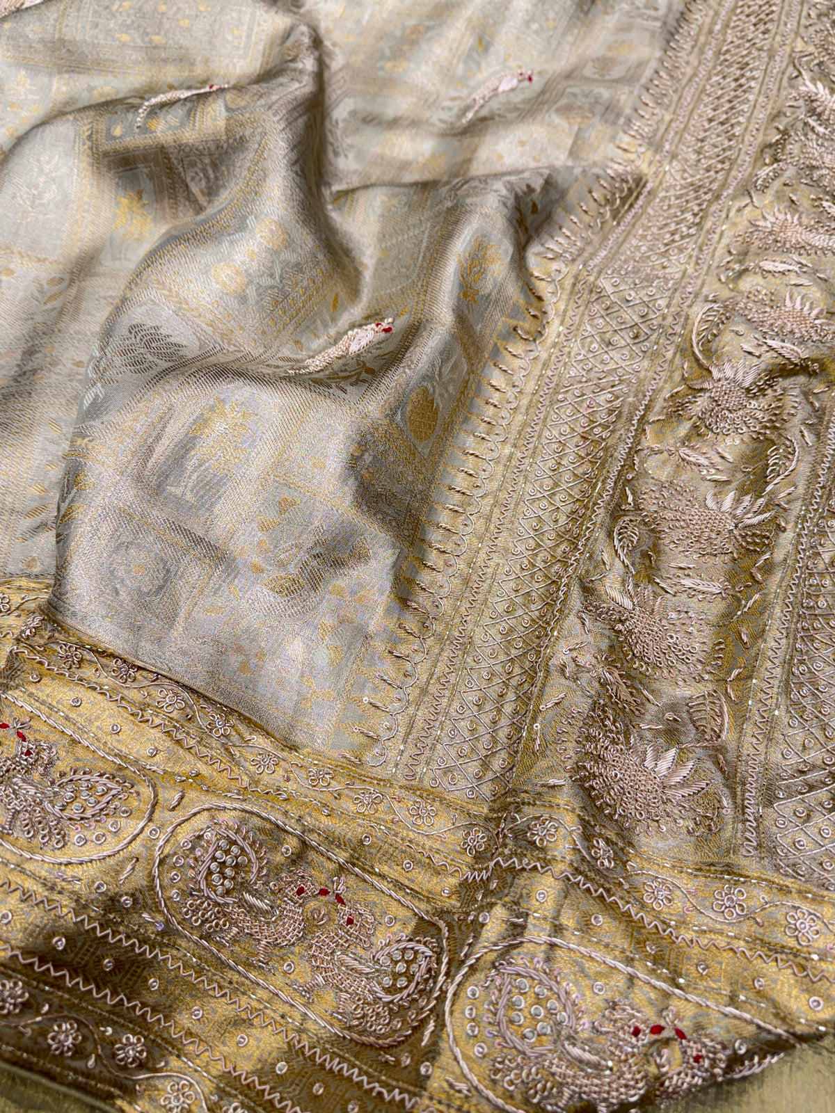 Champagne Green Tissue Kanjivaram Zardosi Peacock Motif Hand Embroidery Saree