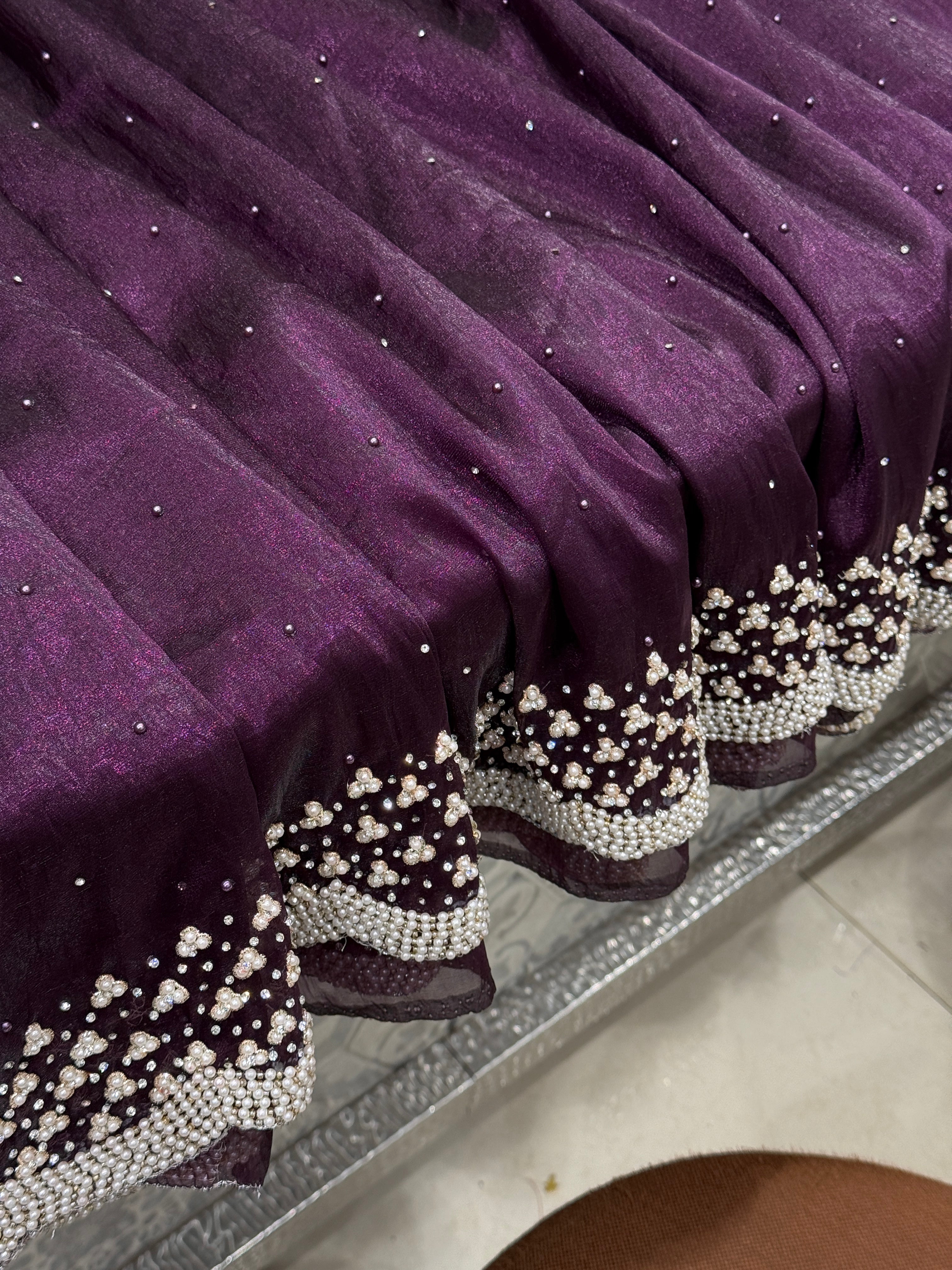 Violet Tissue Organza Moti Embroidery Saree