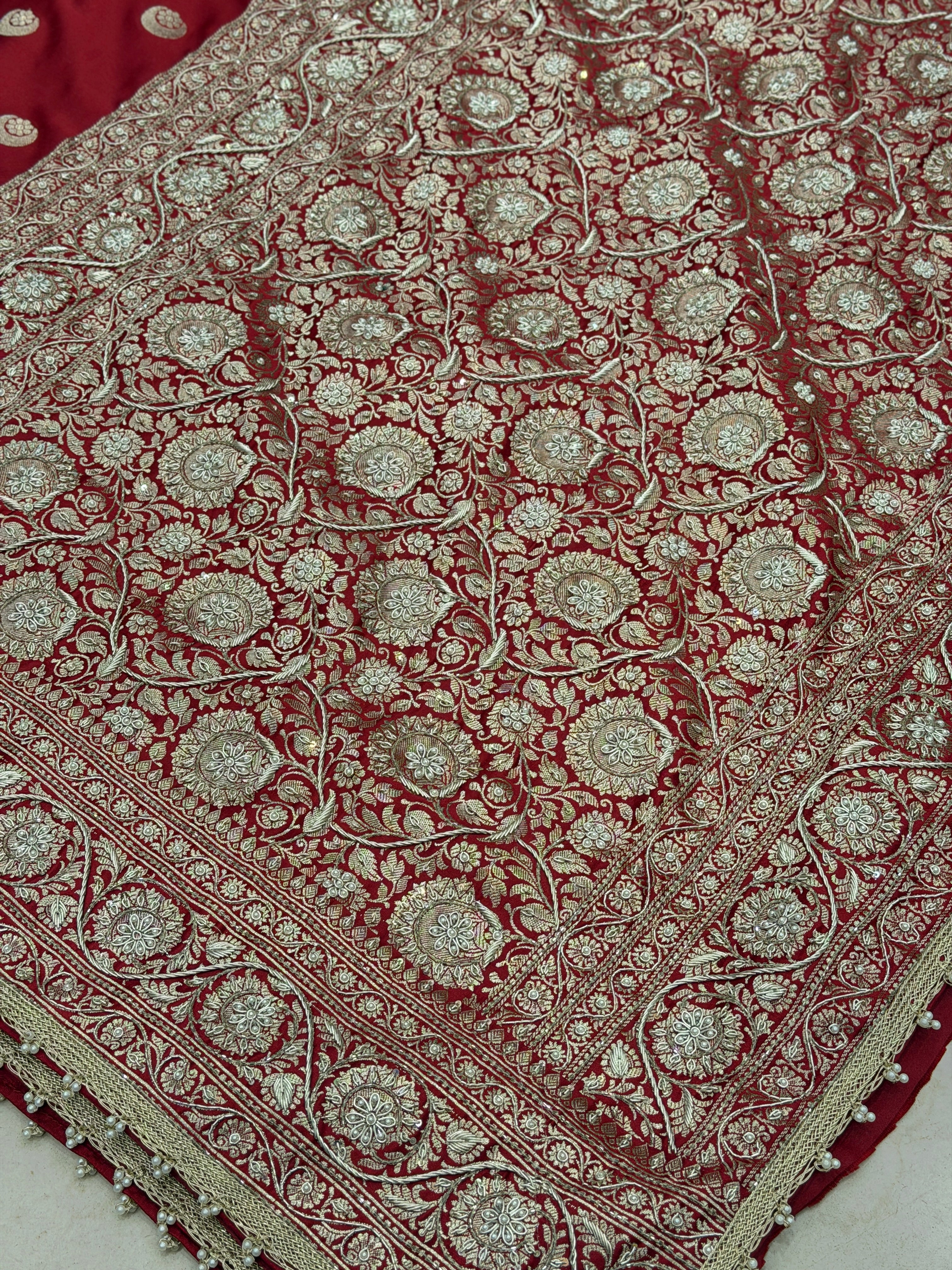 Maroon Banarasi Chand Butti Zardosi Hand Embroidery Saree