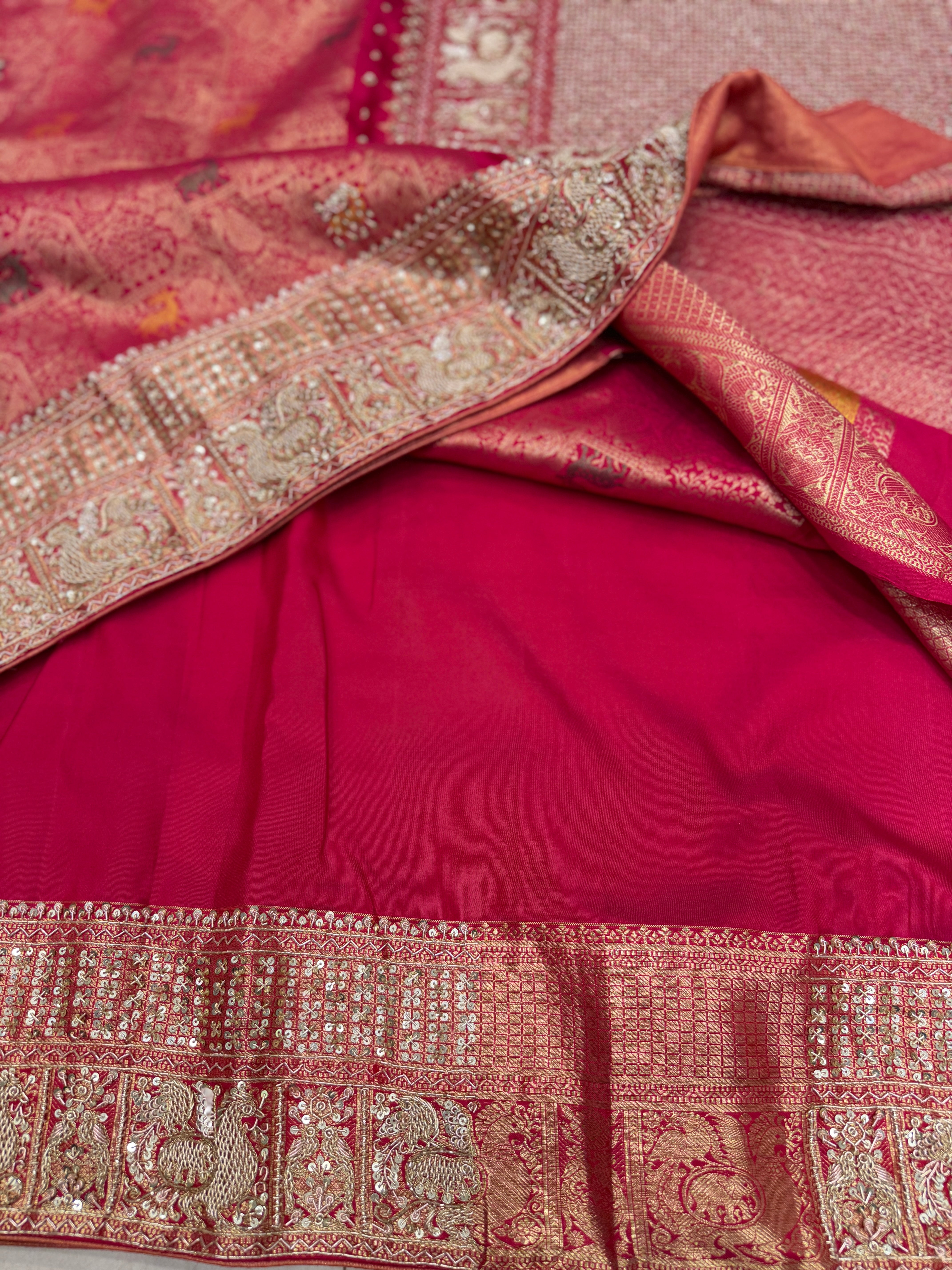 Rani Pink Peacock Motif Meenakari Hand Embroidery Zardosi Saree