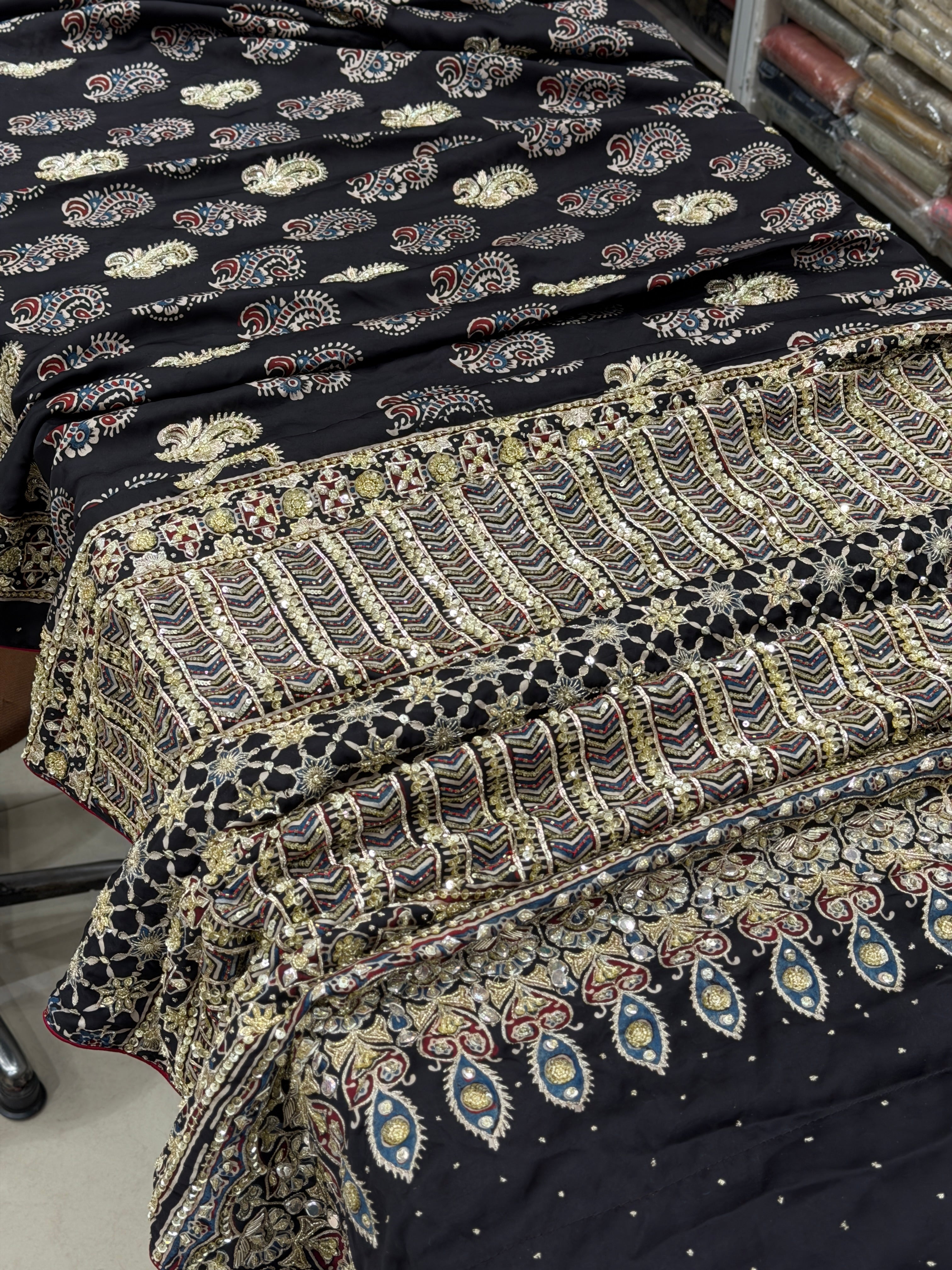 Black Buttas Zardosi Pita Sequin Ajrakh Hand Embroidery Saree