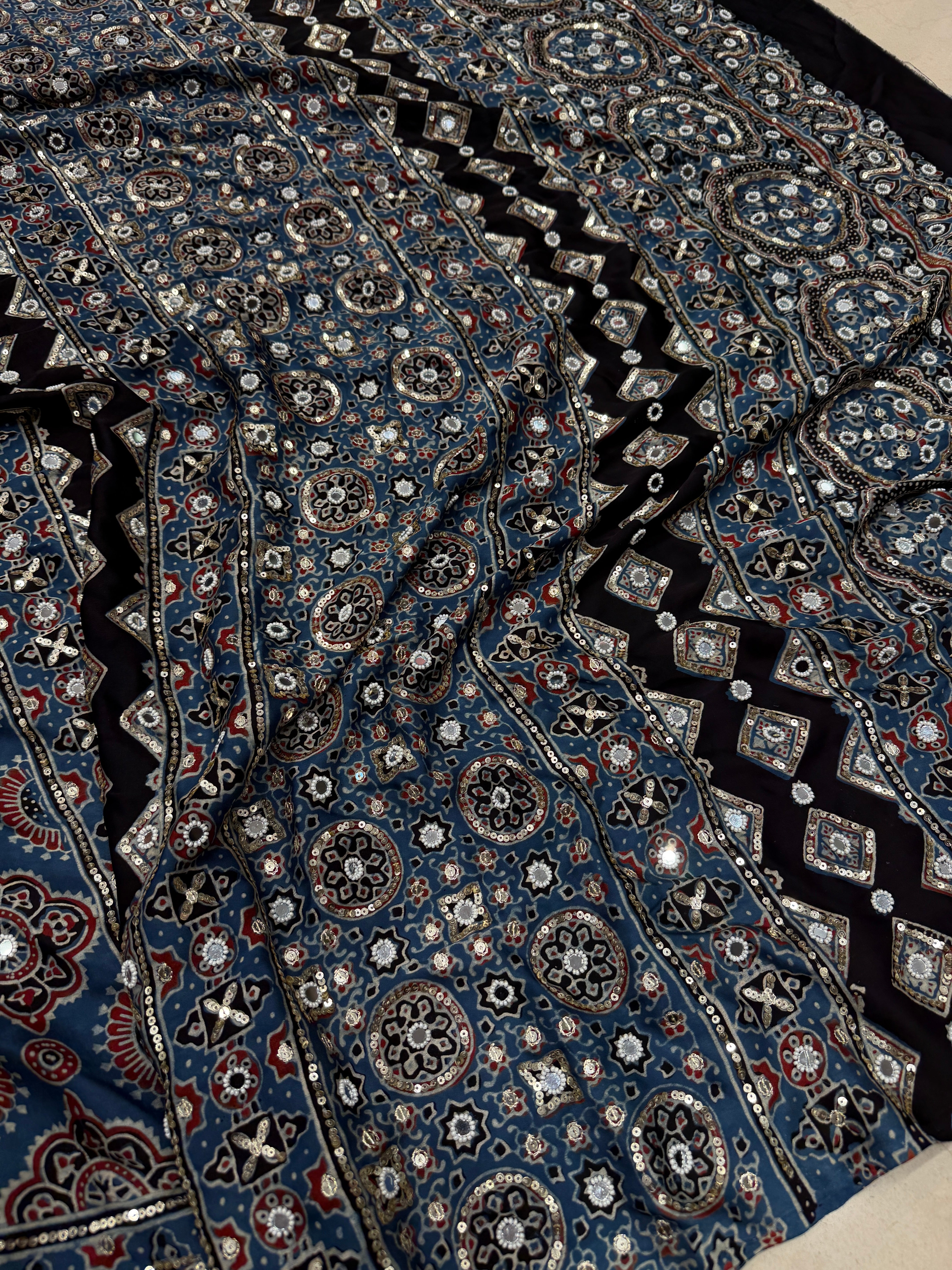 Blue Badam Ajrakh Butta Real Mirror Moti Sequin Hand Embroidery Saree