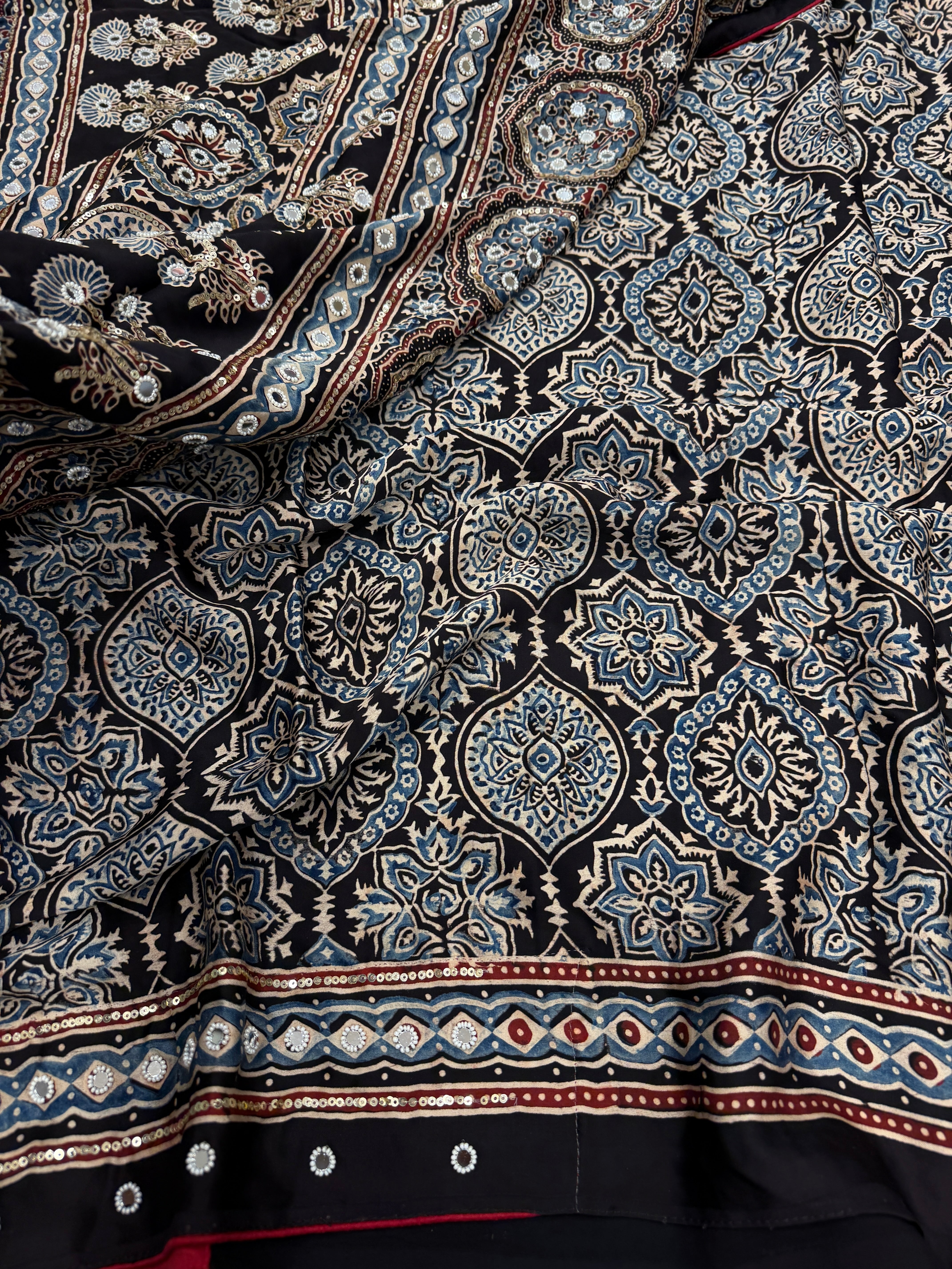 Blue Ajrakh Jaal Moti Sequin Ajrakh Hand Embroidery Saree