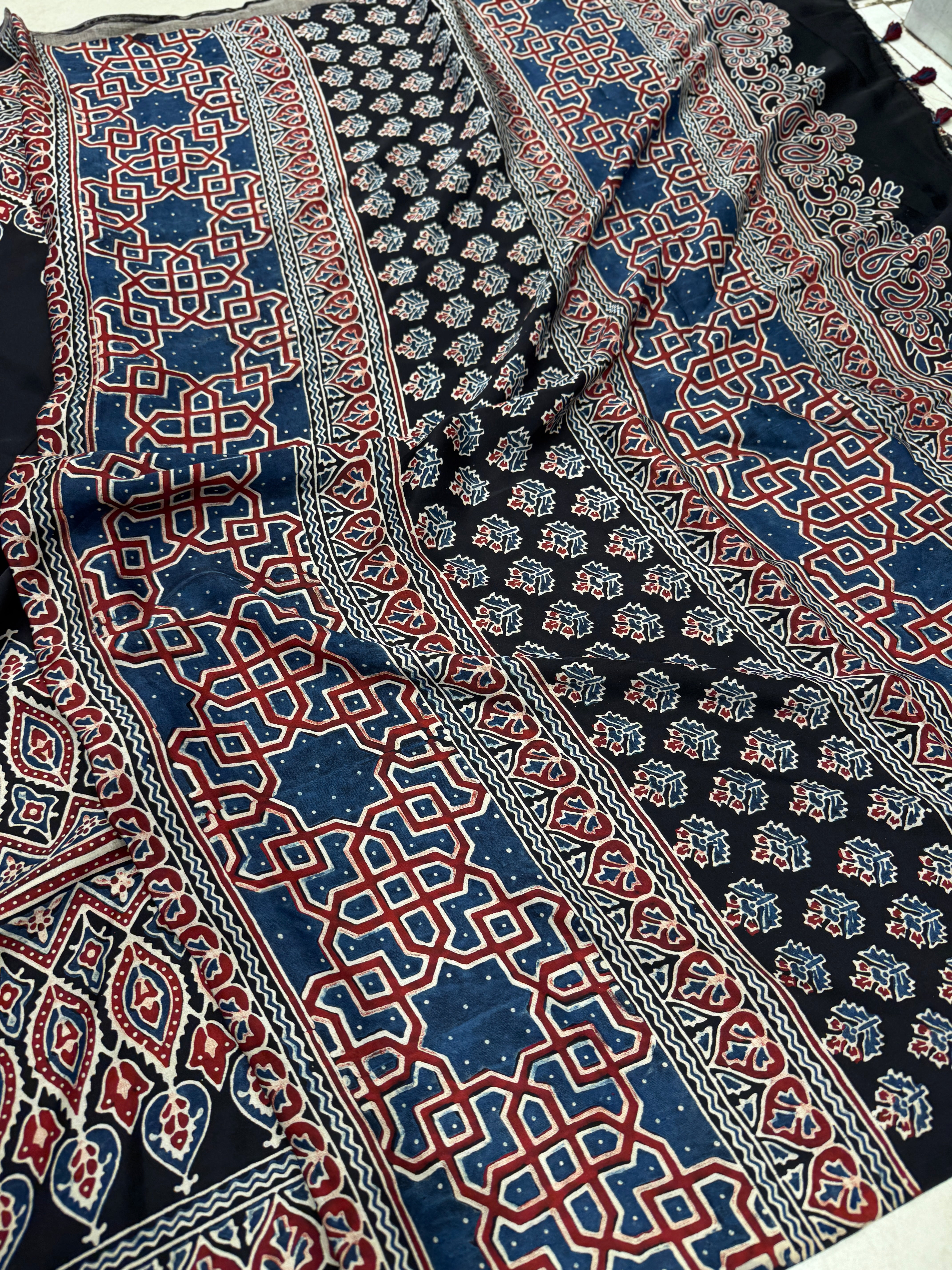 Black Contemporary Ajrakh Hand Block Print Pure Gajji Silk Saree