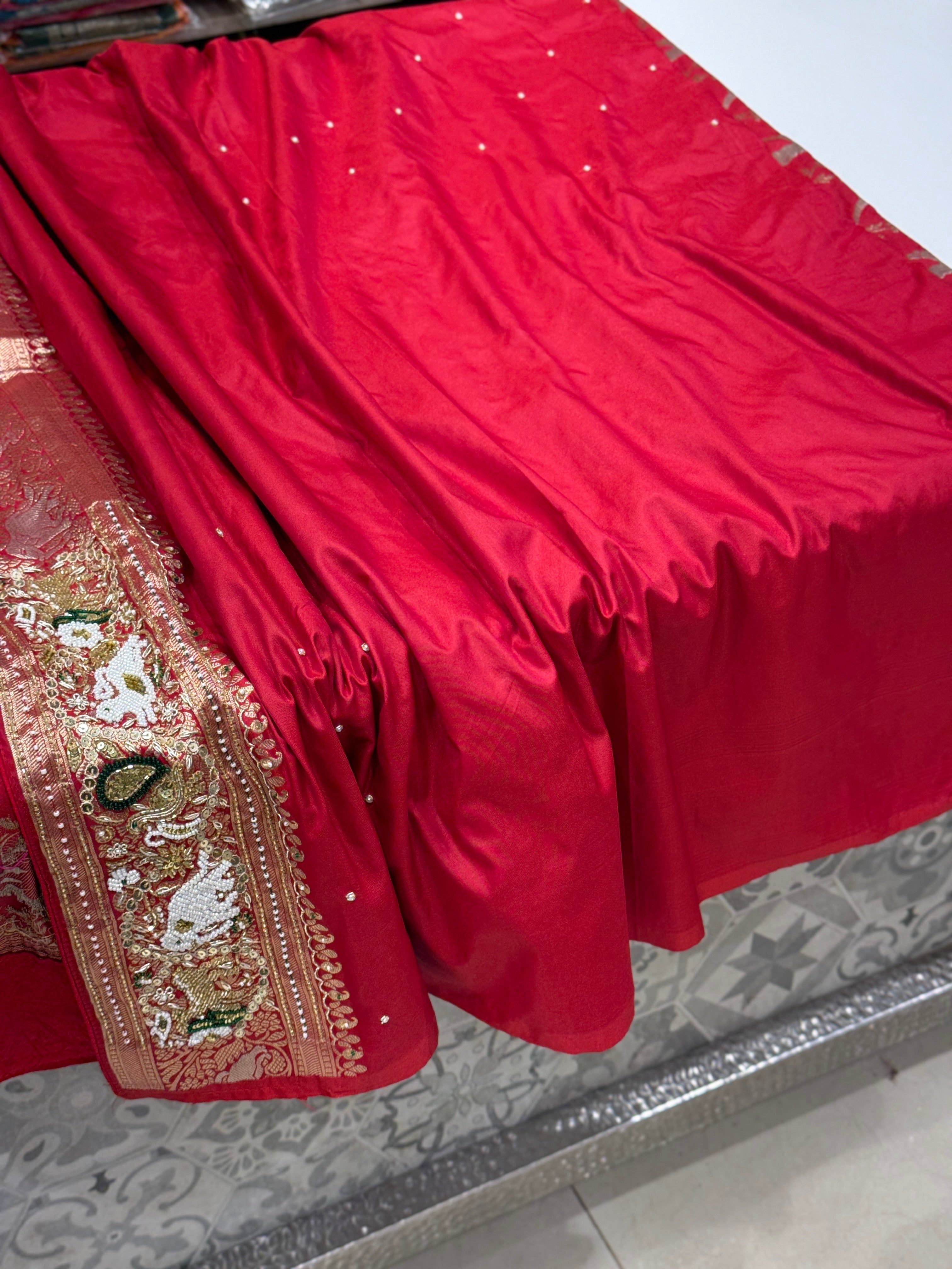 Red Banarasi Shikara Moti Embroidery