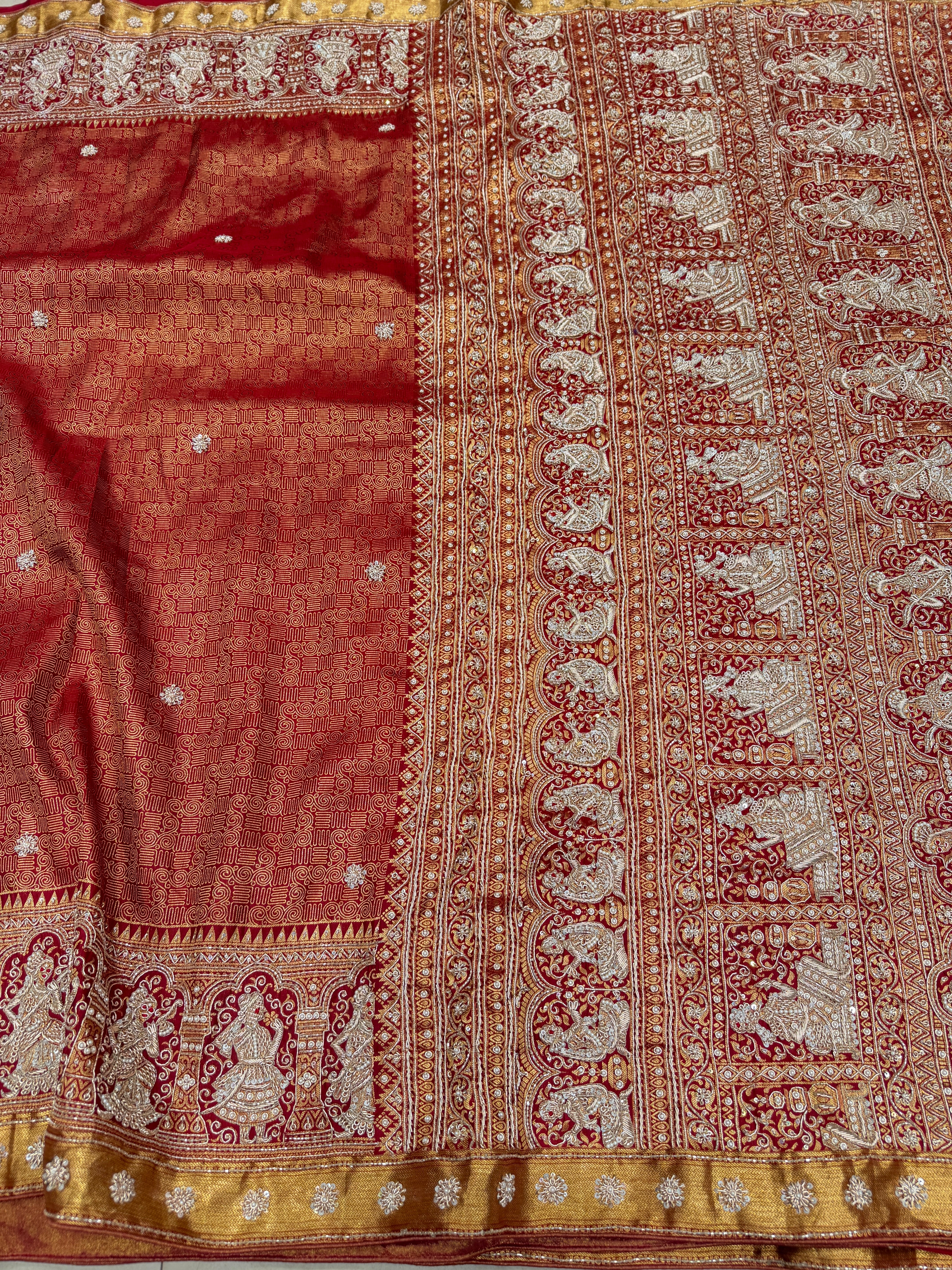 Maroonish Red Kanjivaram Zardosi Hand Embroidery Baluchari Style Saree