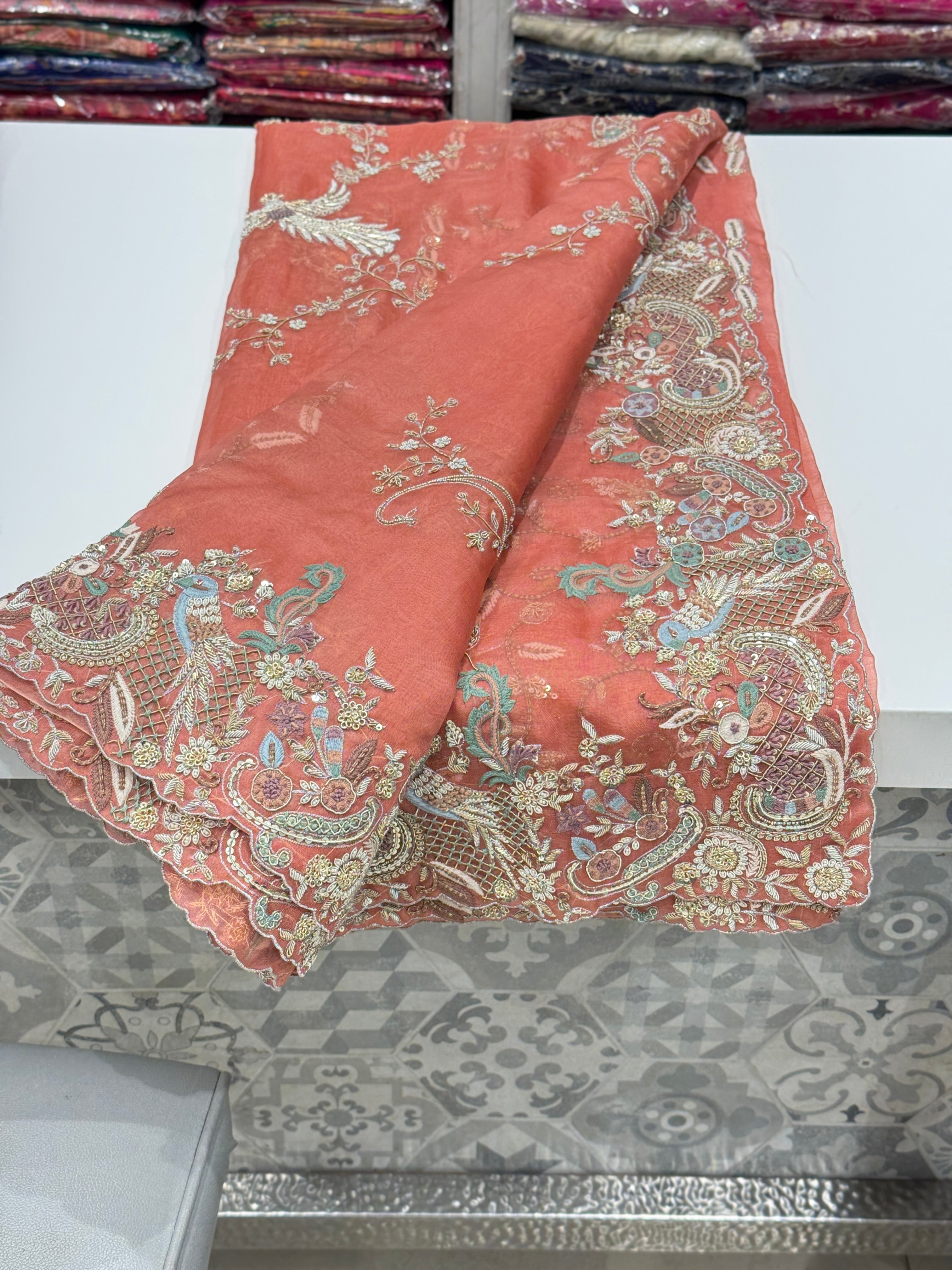 Peach Organza Zardosi Jaal Hand Embroidery Saree