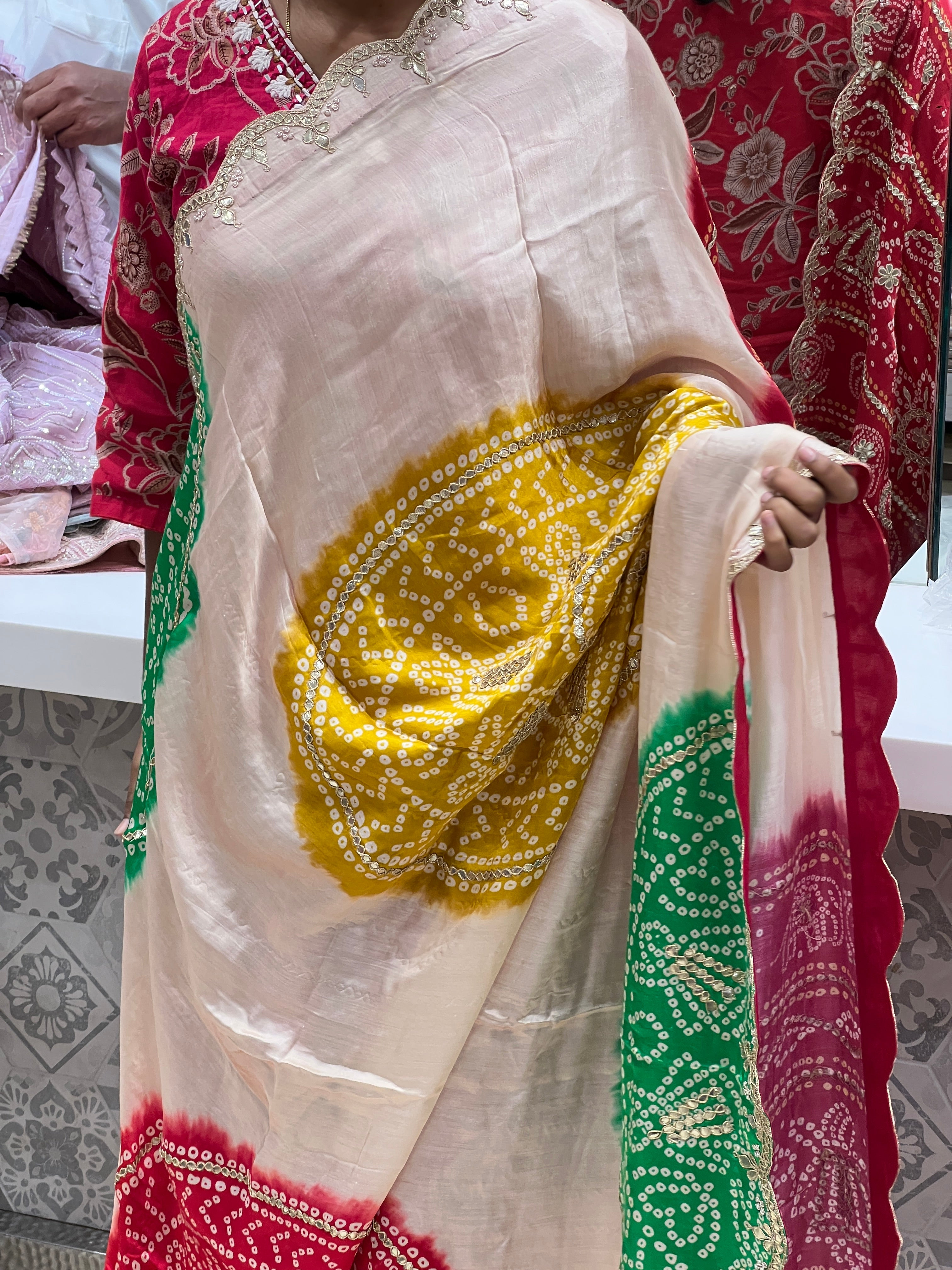 Moti White Gajji Silk Gotapatti Saree