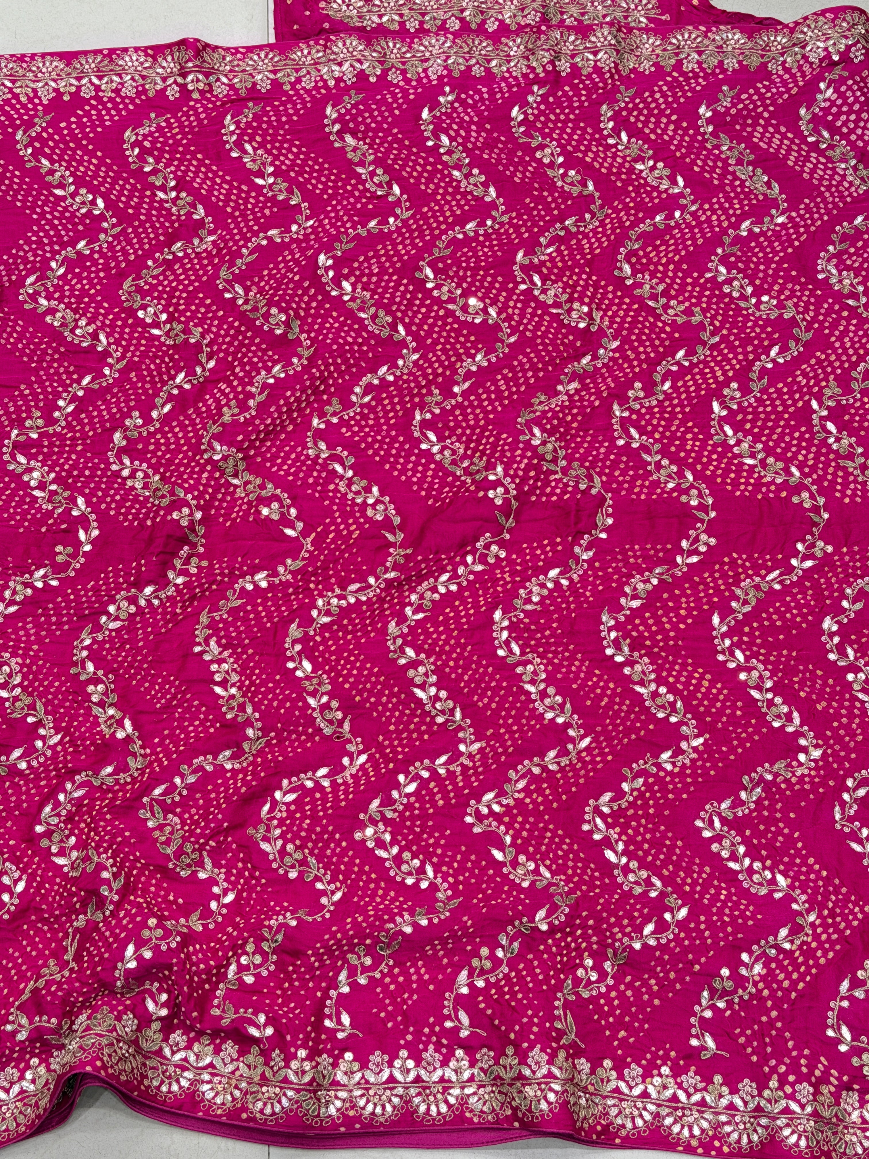 Rani Pink Gajji Silk Rai Bandhej Hand Done Gotapatti Saree