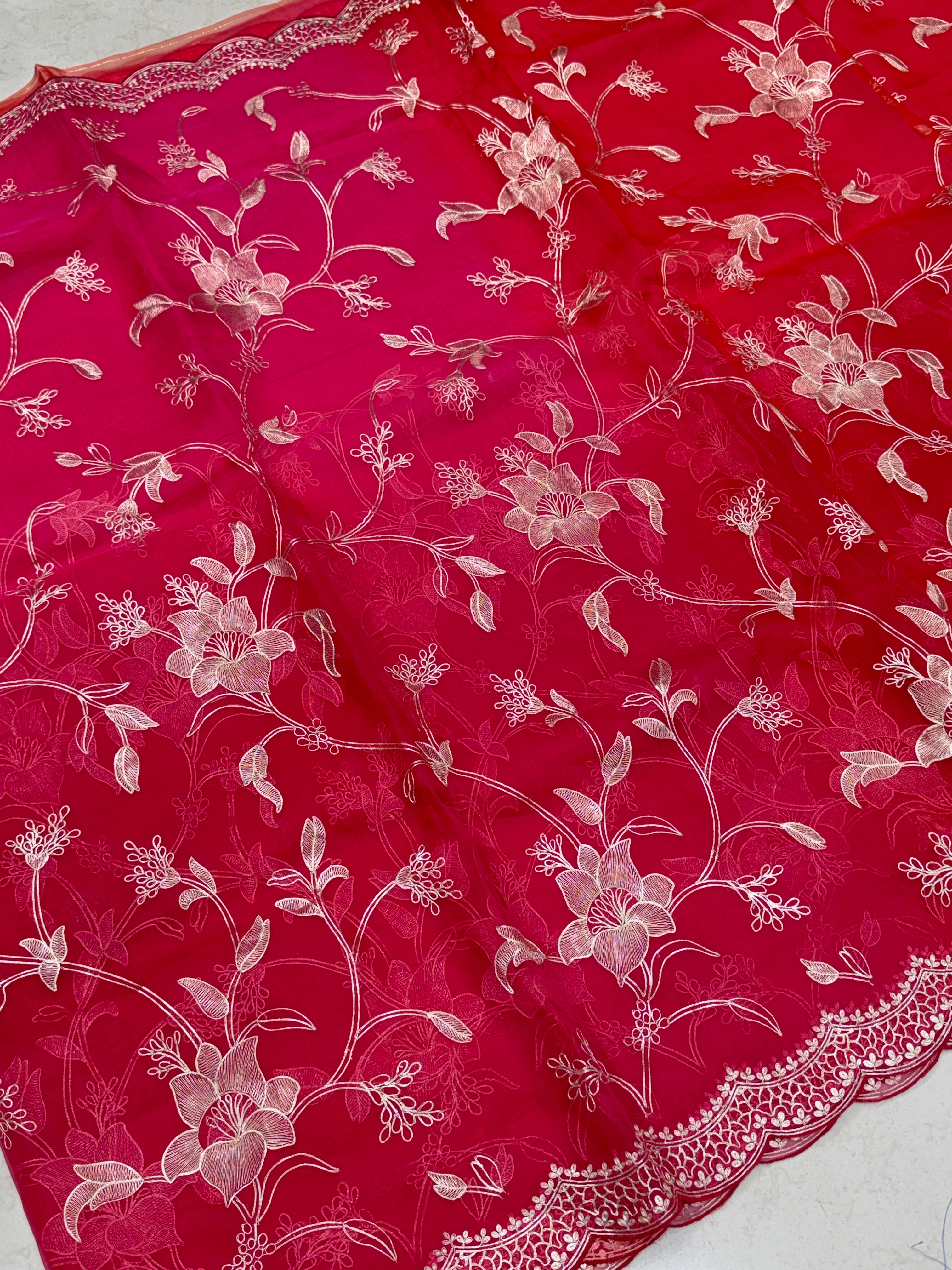 Rani Shaded Orange Handloom Pure Organza Pita Embroidery Saree