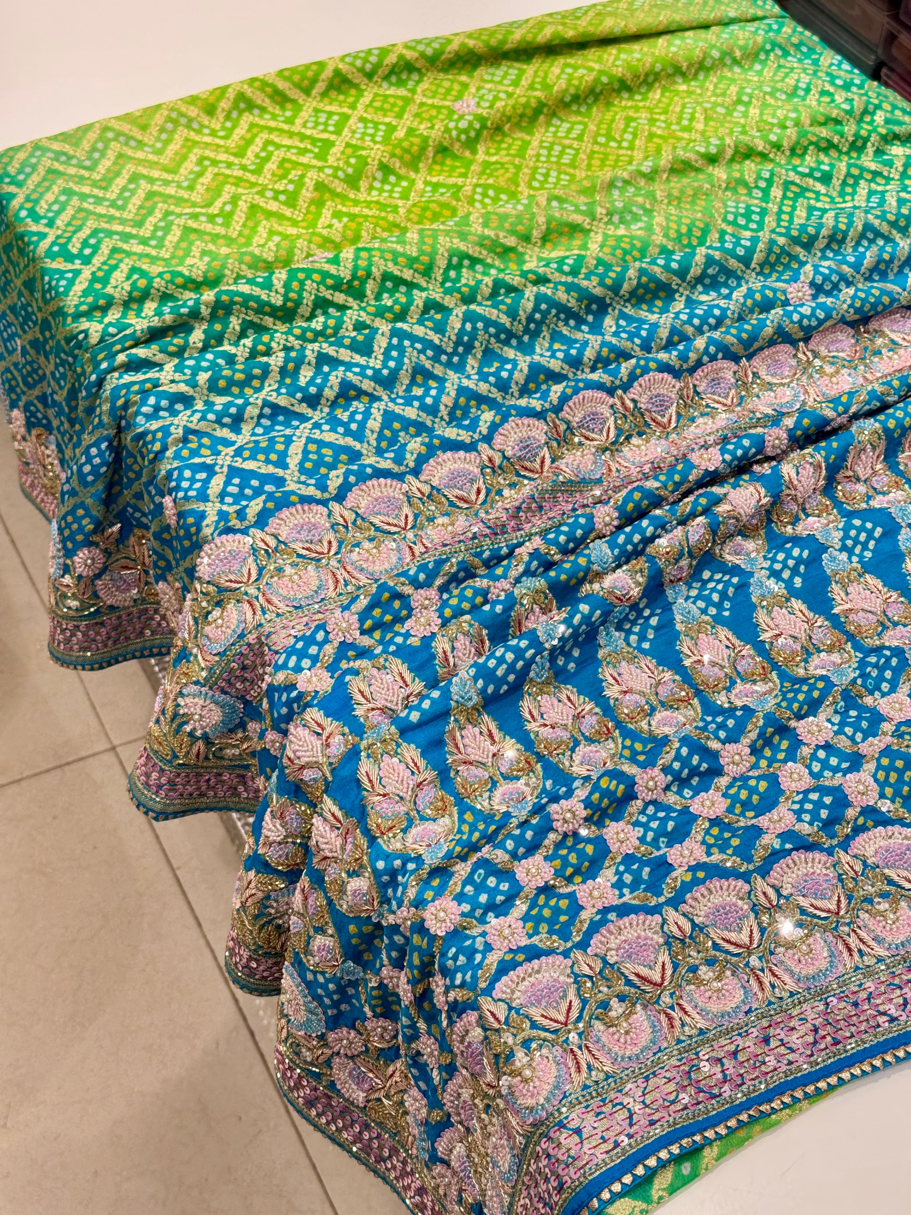 Jhanvi Kapoor Inspire Bandhej Hand Embroidery Saree