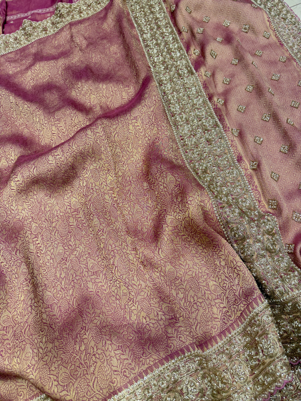 Purple Crepe Tissue Weaved Moti Cutana Embroidery Saree