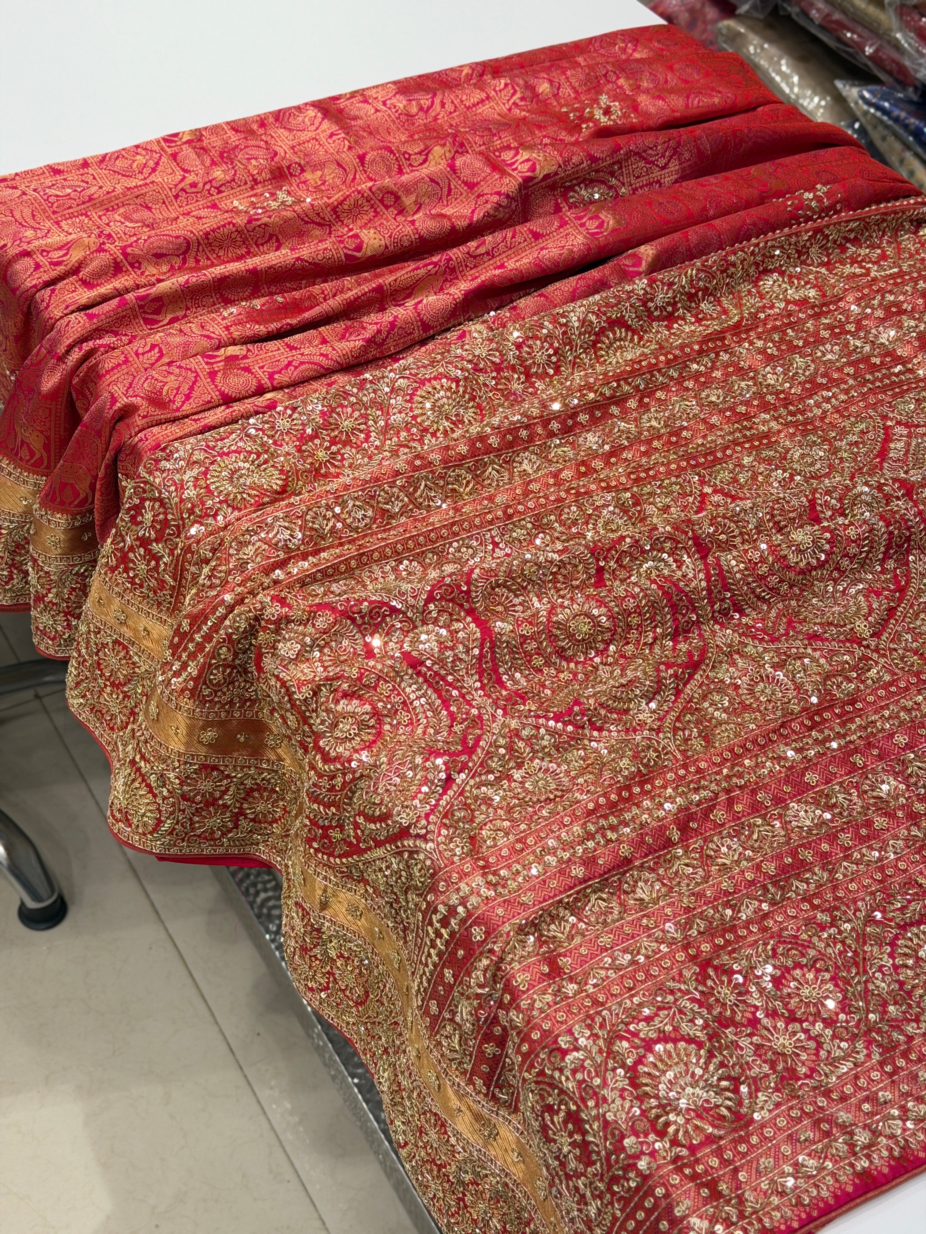 Rani Pink Shikara Kanjivaram Hand Embroidery Zardosi Saree