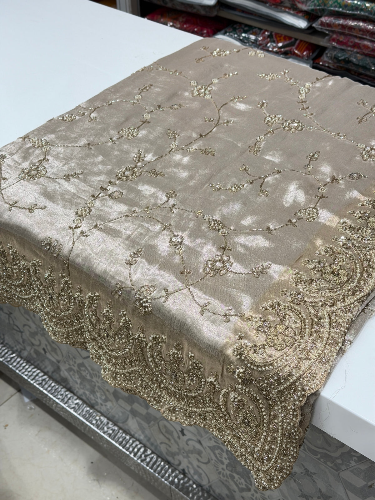Silver Crepe Tissue Zari Moti Embroidery Jaal Saree