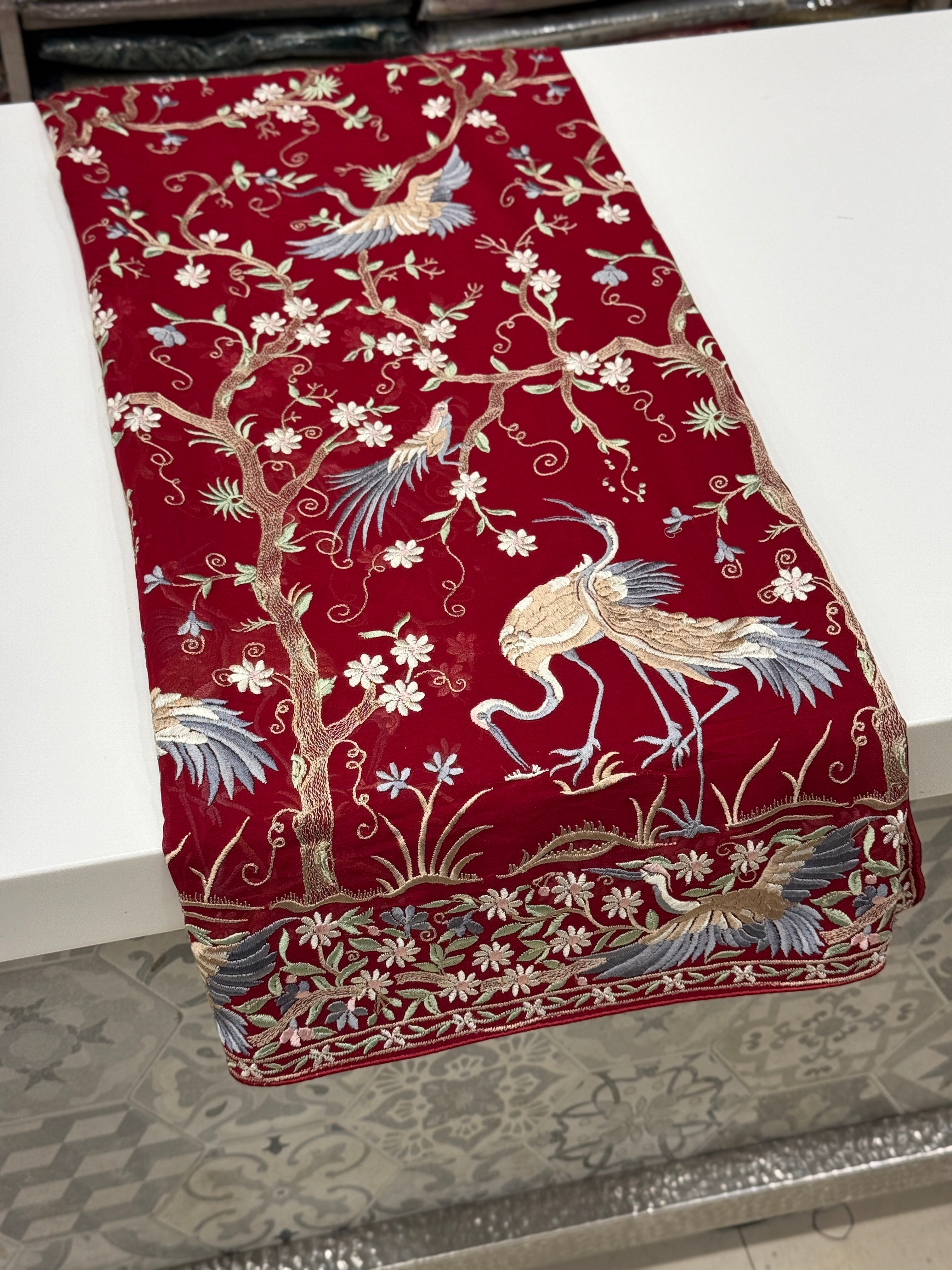 Red Tree Of Life Flamingo Parsi Gara Saree
