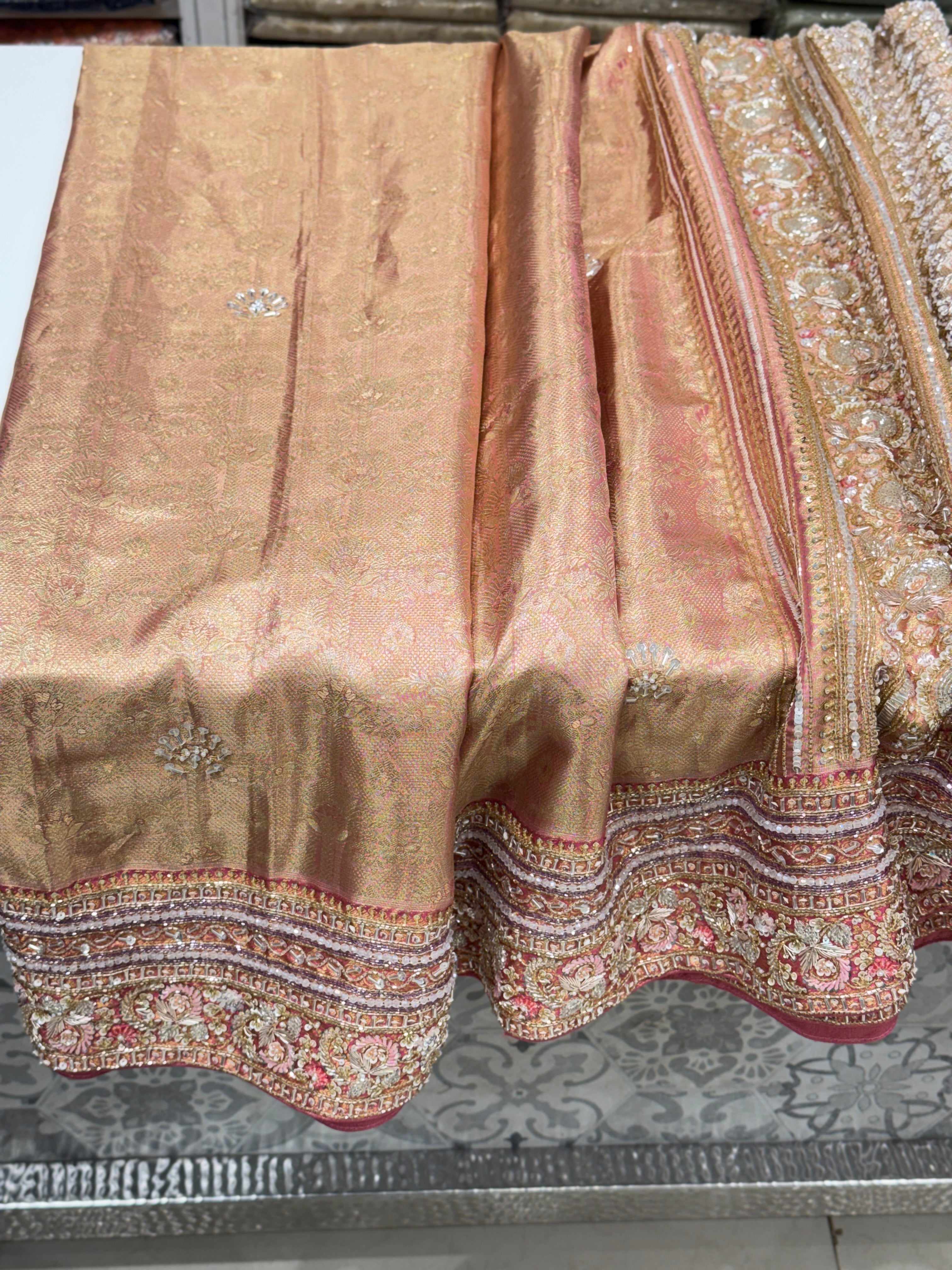 Pink Handloom Kanjivaram Hand Embroidery Saree